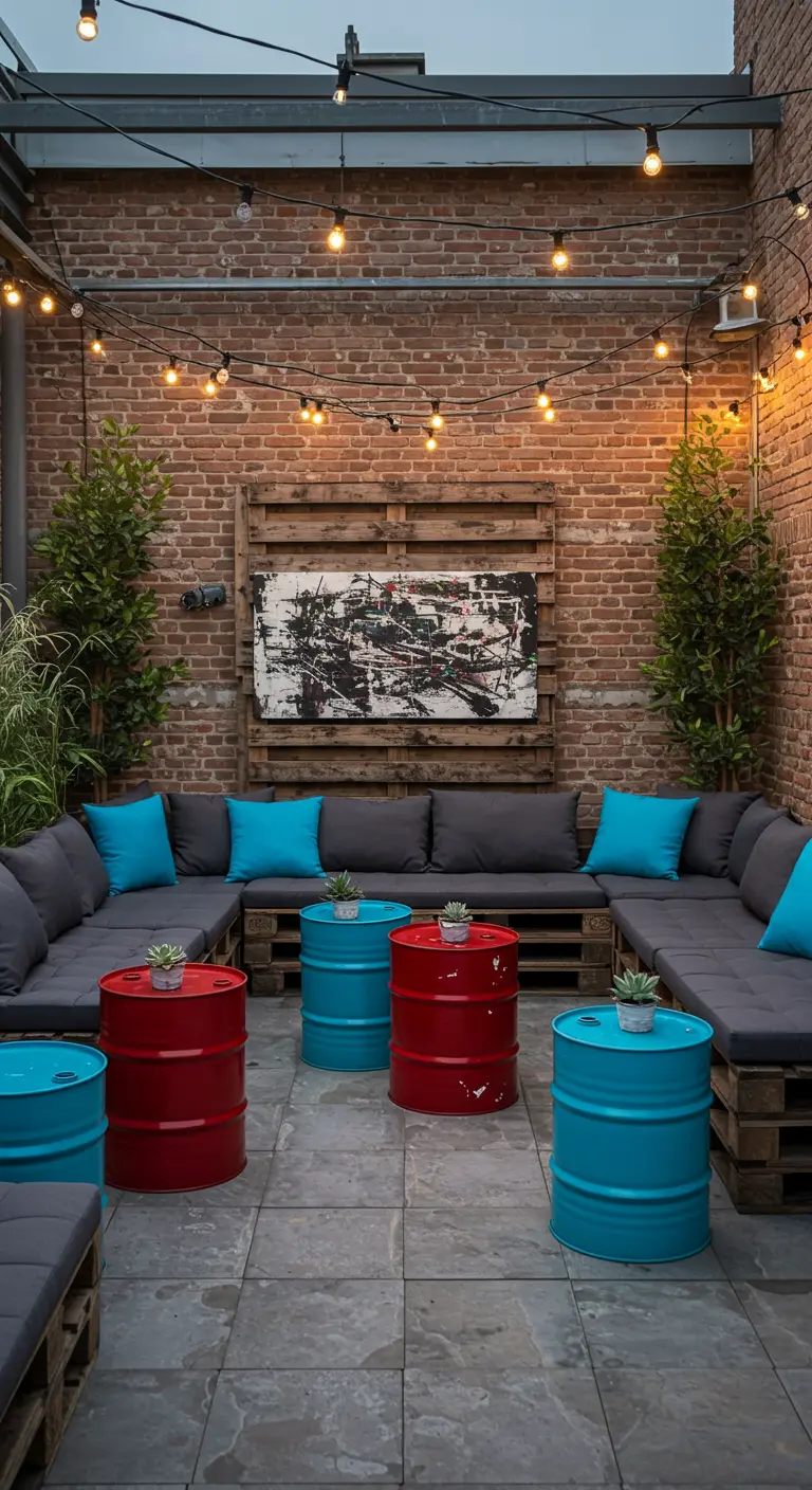 Salon de jardin avec palettes grises, coussins gris/turquoise, barils rouges/bleus comme tables.