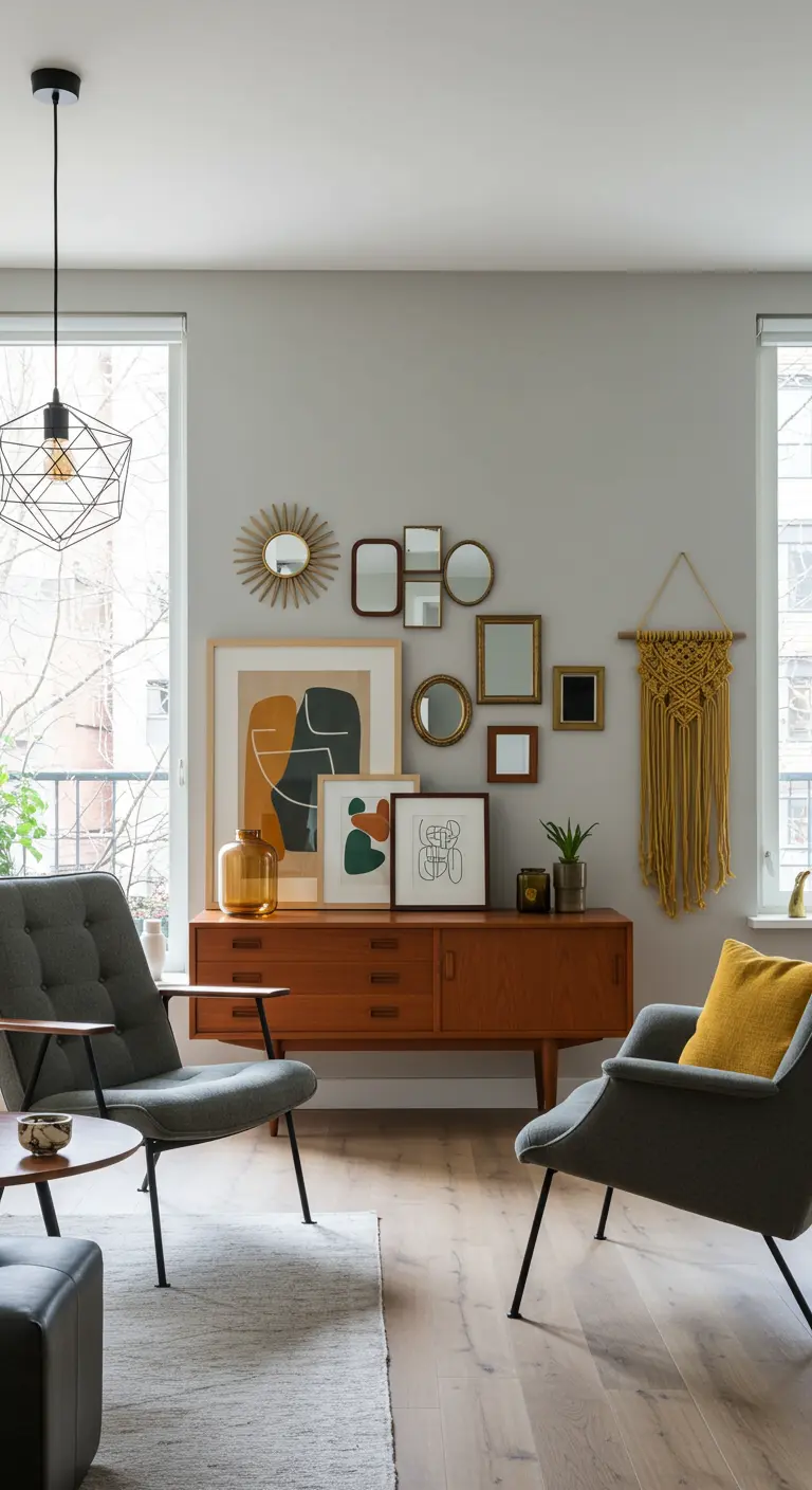 Salon Mid-Century avec mur gris, console en teck, galerie d'art abstrait, miroirs soleil et macramé jaune.