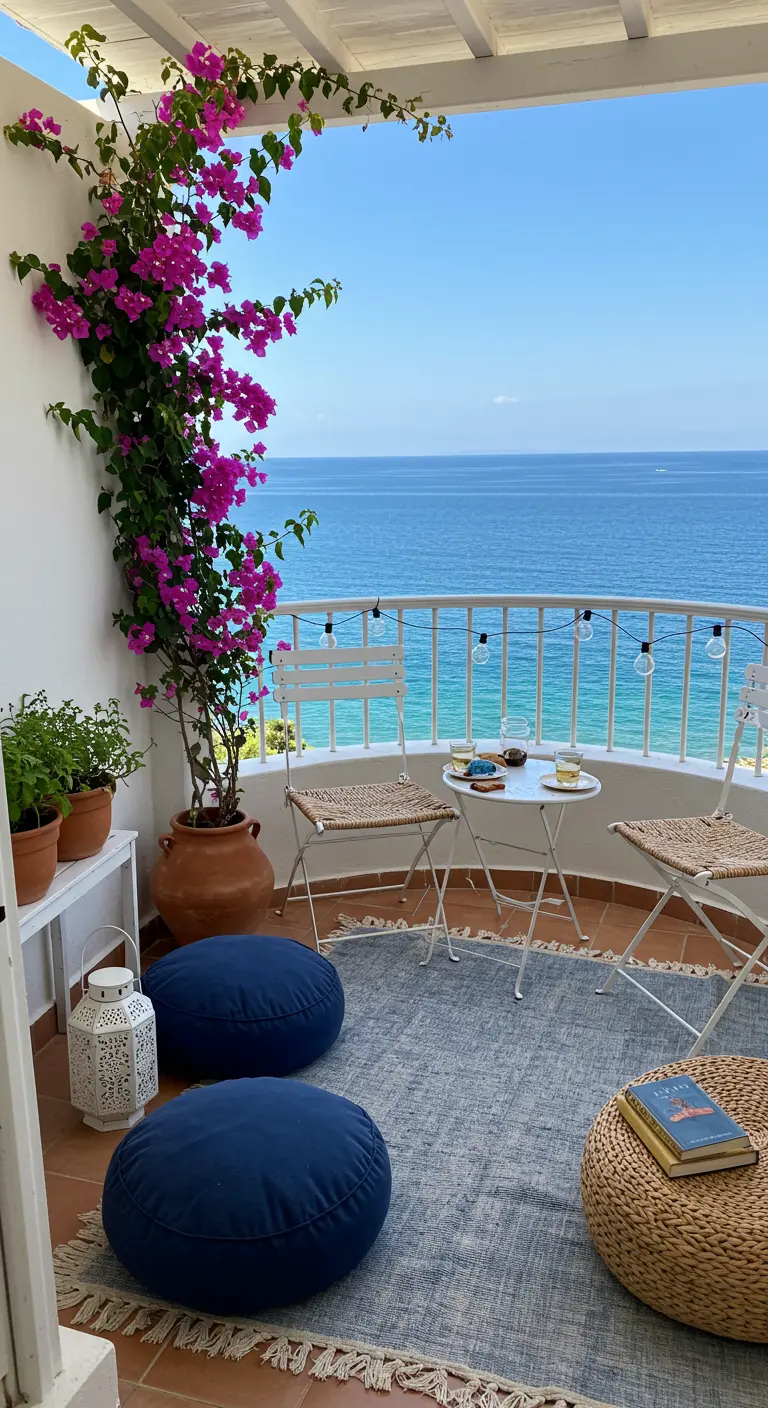 Balcon méditerranéen avec bougainvillier, mobilier pliant blanc, poufs bleus et vue mer.