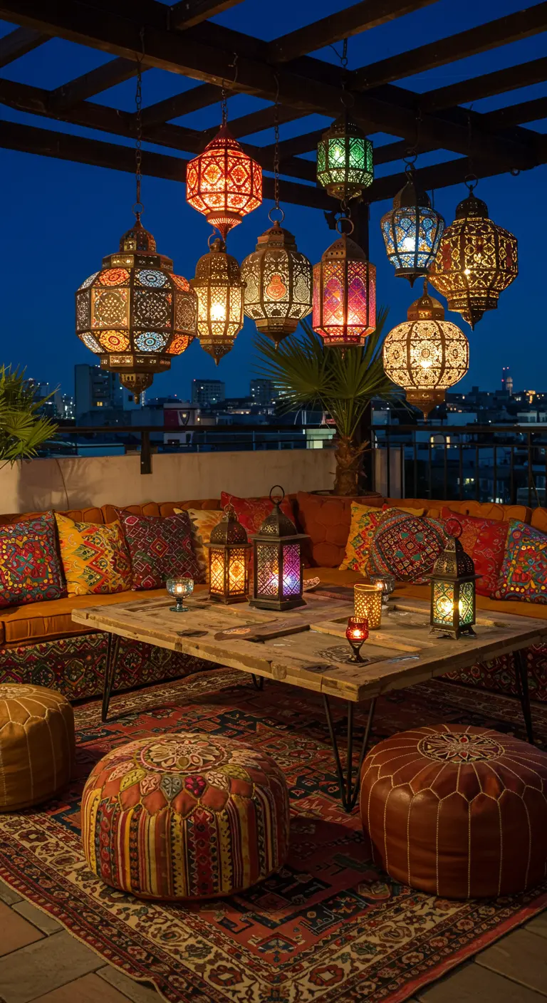 Terrasse bohème avec lanternes marocaines, coussins colorés et poufs, ambiance orientale.