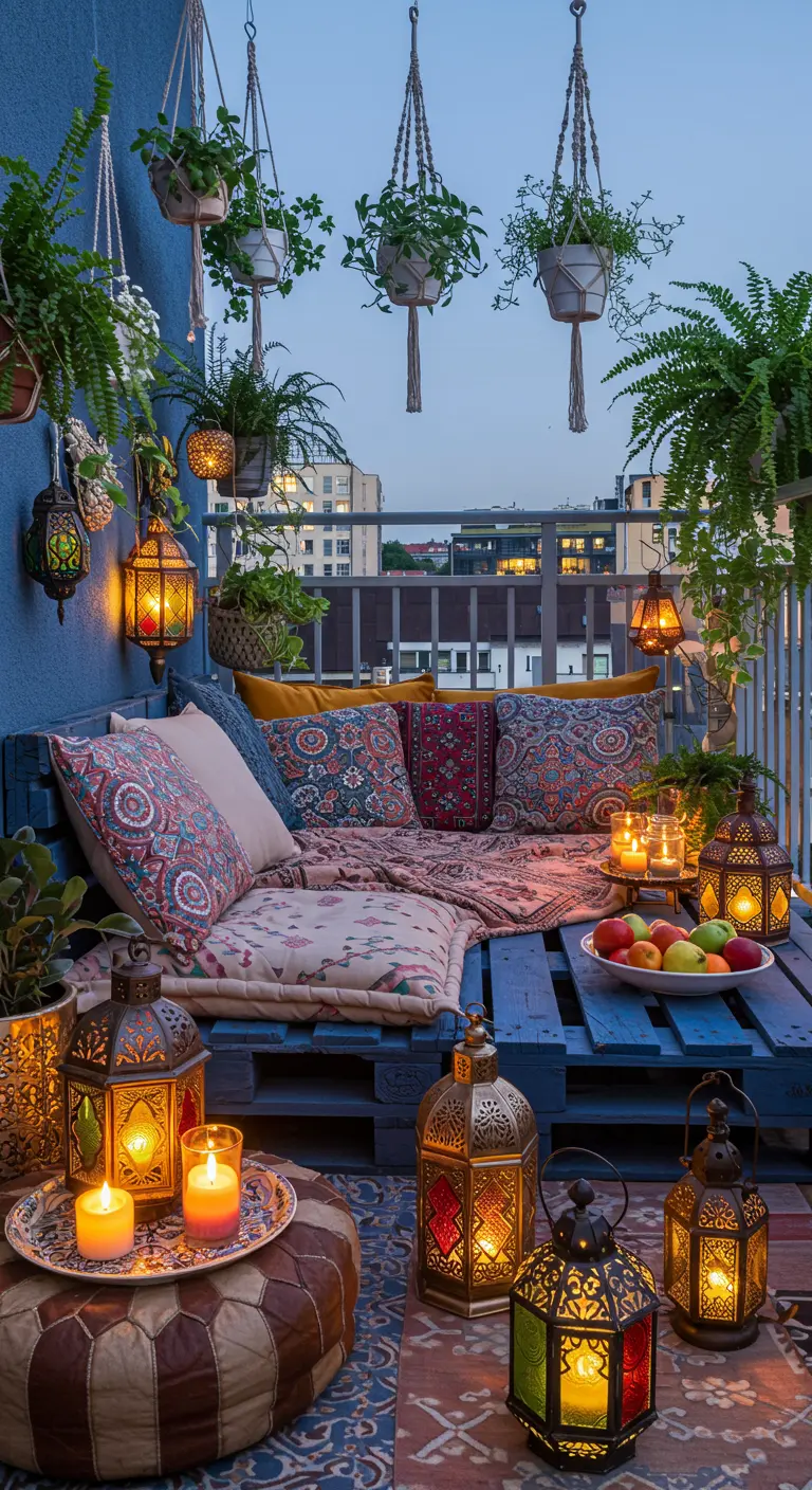 Balcon bohème avec canapé en palettes bleues, coussins ethniques, multiples lanternes marocaines et plantes suspendues.