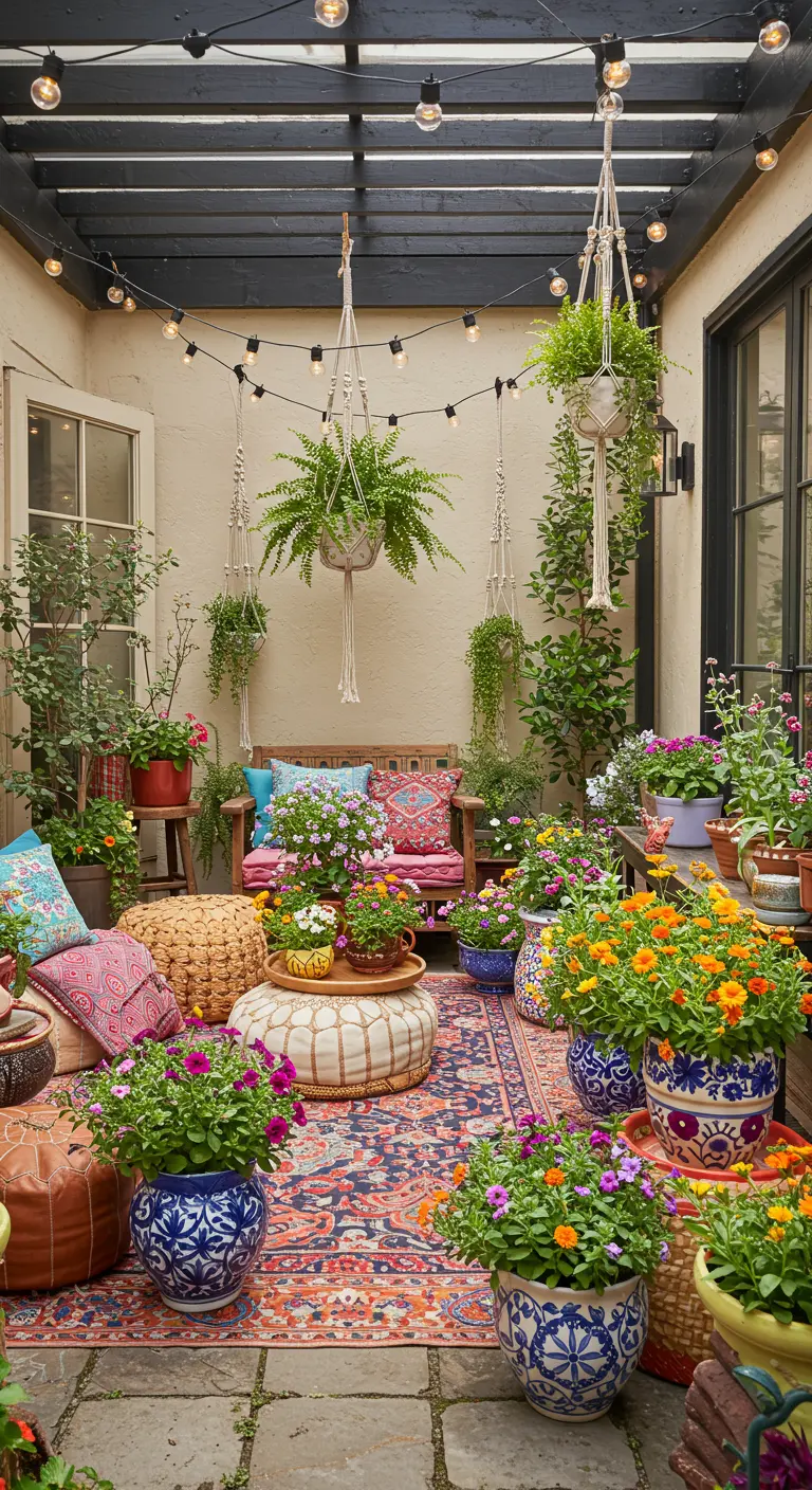 Patio bohème avec tapis, coussins de sol, plantes en macramé et guirlandes lumineuses.