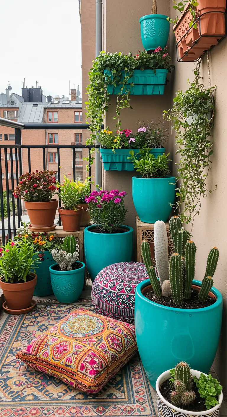 Balcon coloré avec des pots turquoise, cactus, coussins et un tapis bohème.