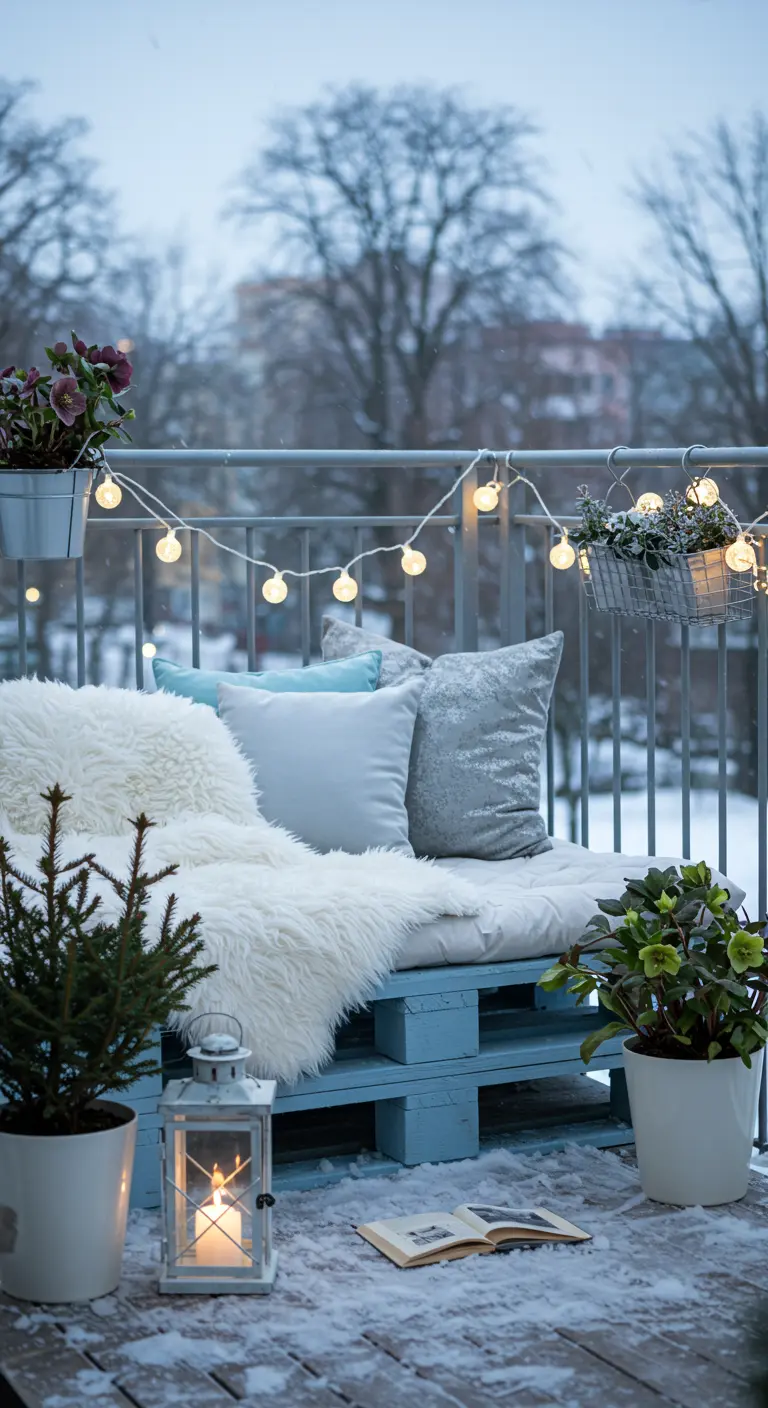 Balcon enneigé avec banc en palettes bleues, plaid en fausse fourrure, guirlande lumineuse et petite plante hivernale.