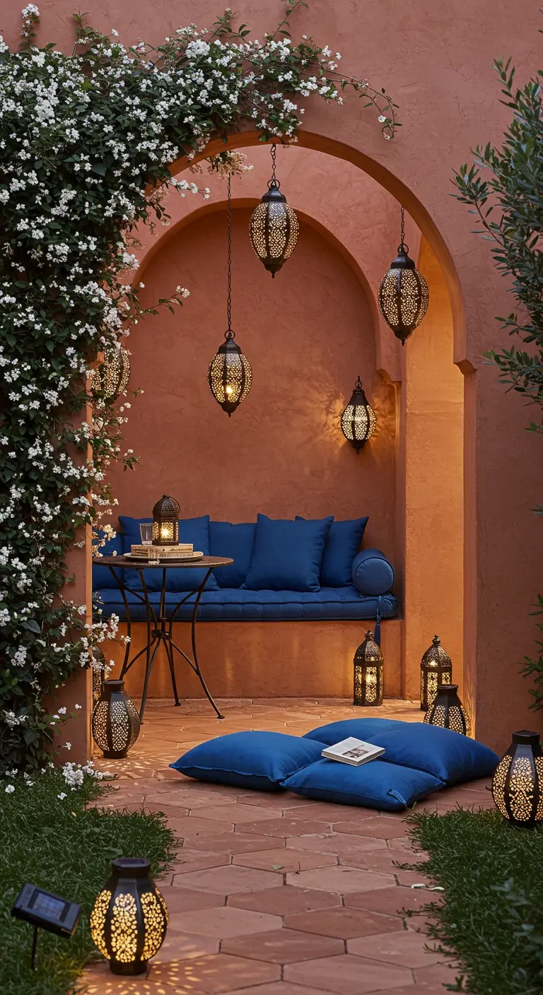 Coin salon extérieur d'inspiration marocaine avec lampions en métal et coussins bleus.
