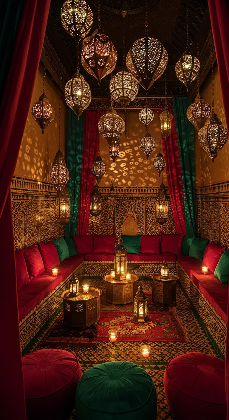 Salon marocain opulent avec de nombreuses lanternes ciselées, tentures et coussins colorés.