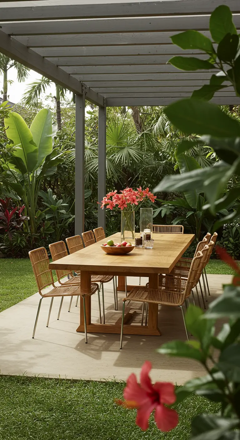 Grande table en bois clair, chaises en rotin tressé sous une pergola luxuriante avec plantes tropicales.