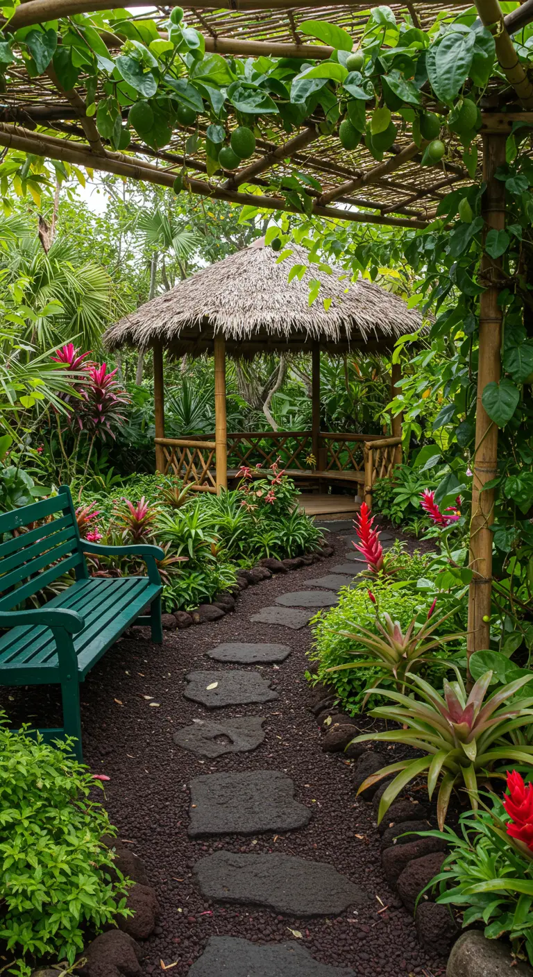 Jardin tropical luxuriant avec gazebo au toit de chaume, chemin de dalles et banc vert.
