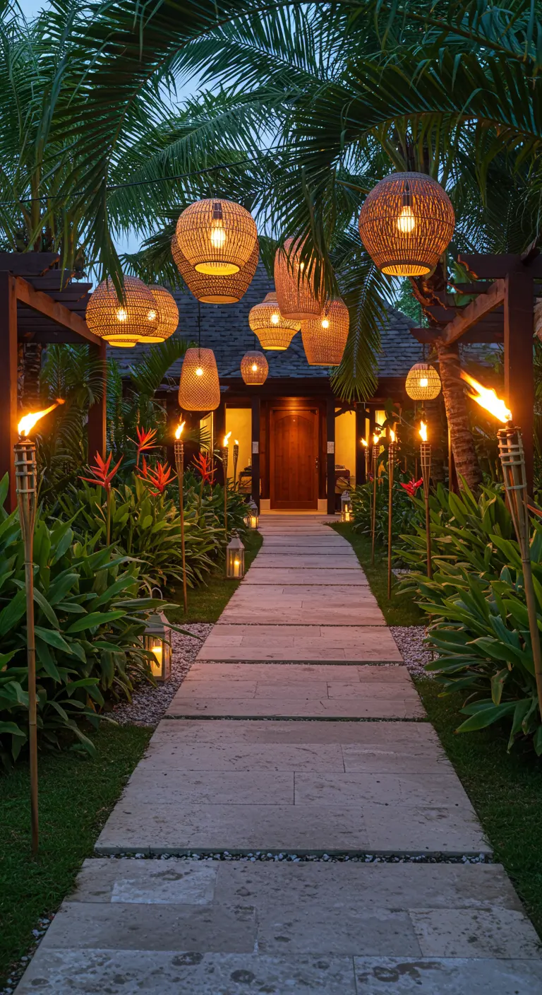 Chemin tropical avec palmiers, éclairé par des suspensions en rotin, des torches et des lanternes au sol.