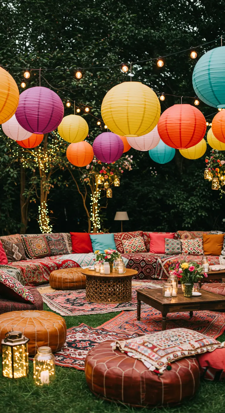 Salon extérieur bohème très coloré avec tapis, coussins et lampions de toutes les couleurs.