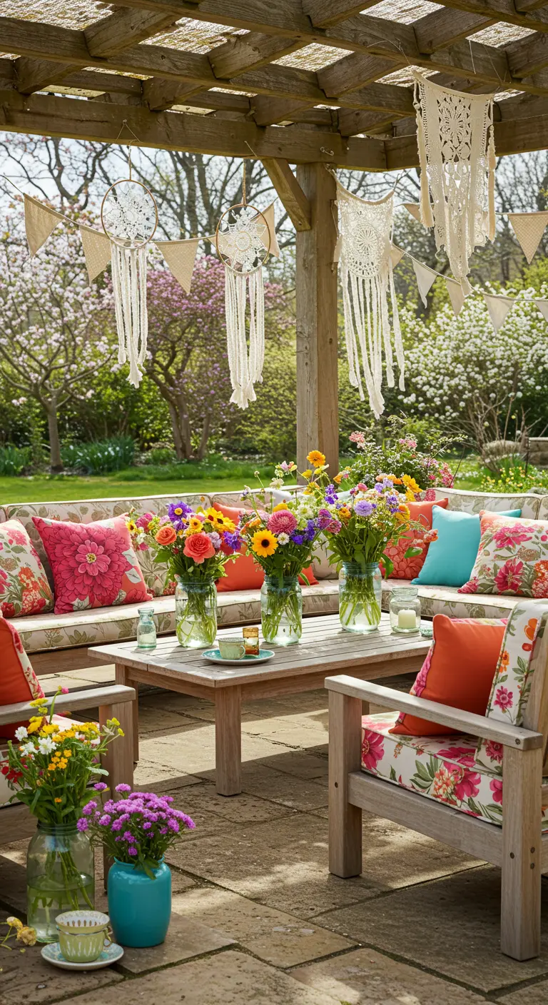 Patio avec salon de jardin en bois, coussins floraux colorés, bouquets variés et suspensions murales.