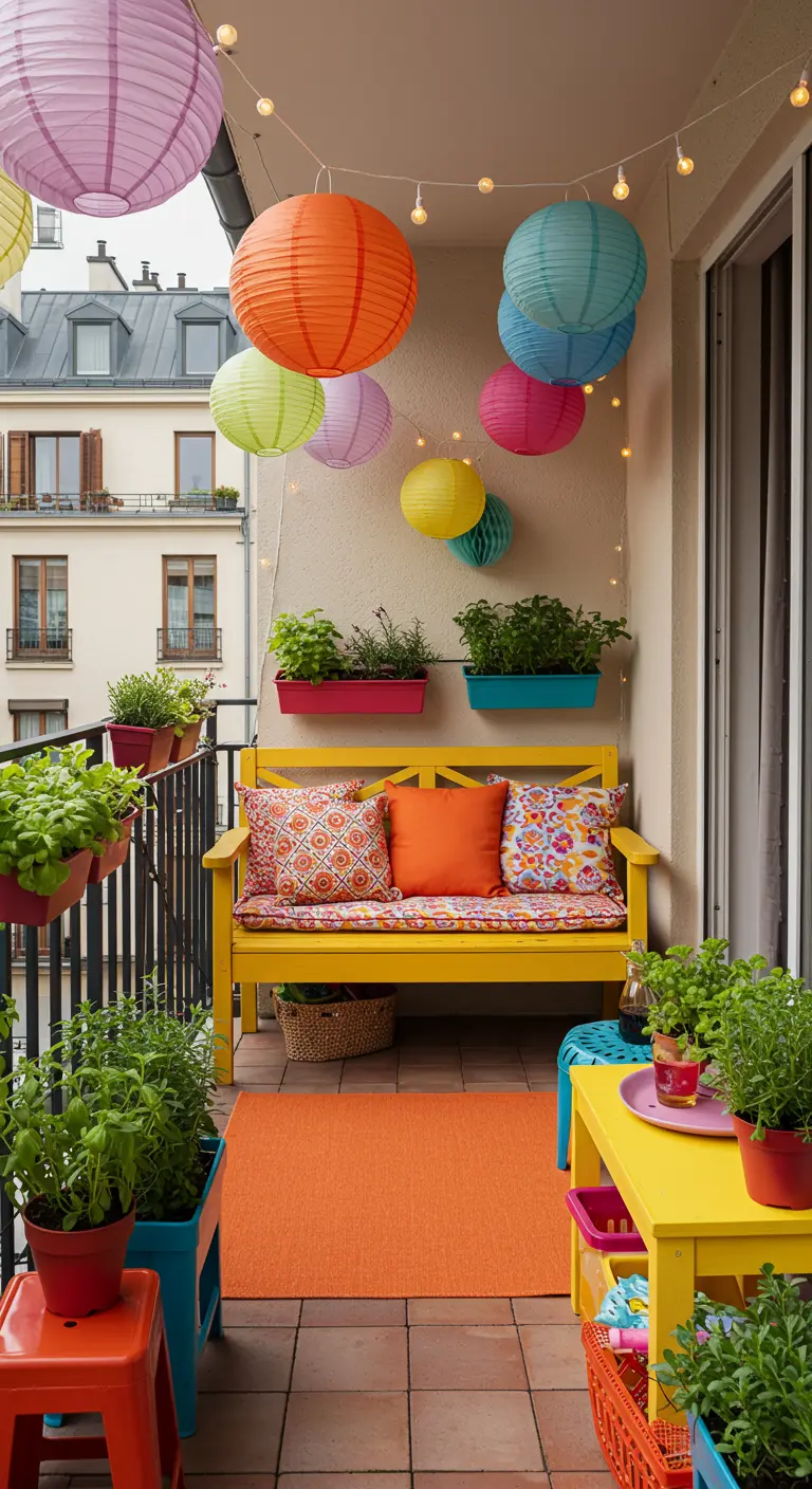 Balcon joyeux et coloré avec banquette jaune, lampions multicolores et herbes aromatiques en pots.