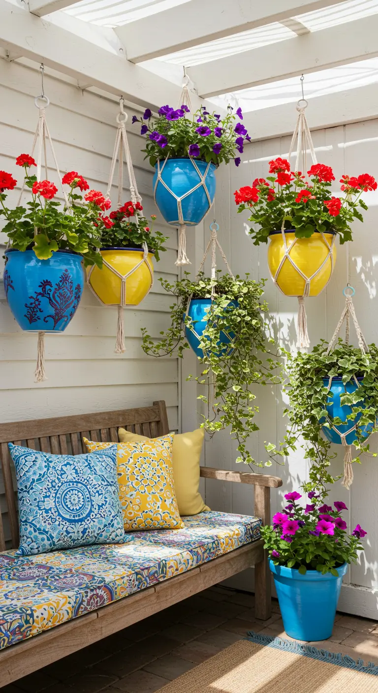 Pots colorés en macramé avec des fleurs rouges et violettes, suspendus au-dessus d'une banquette.