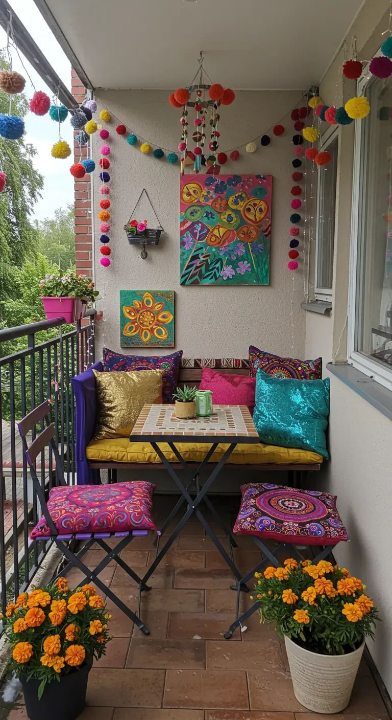 Balcon coloré avec guirlandes de pompons, coussins vifs et art mural fleuri.