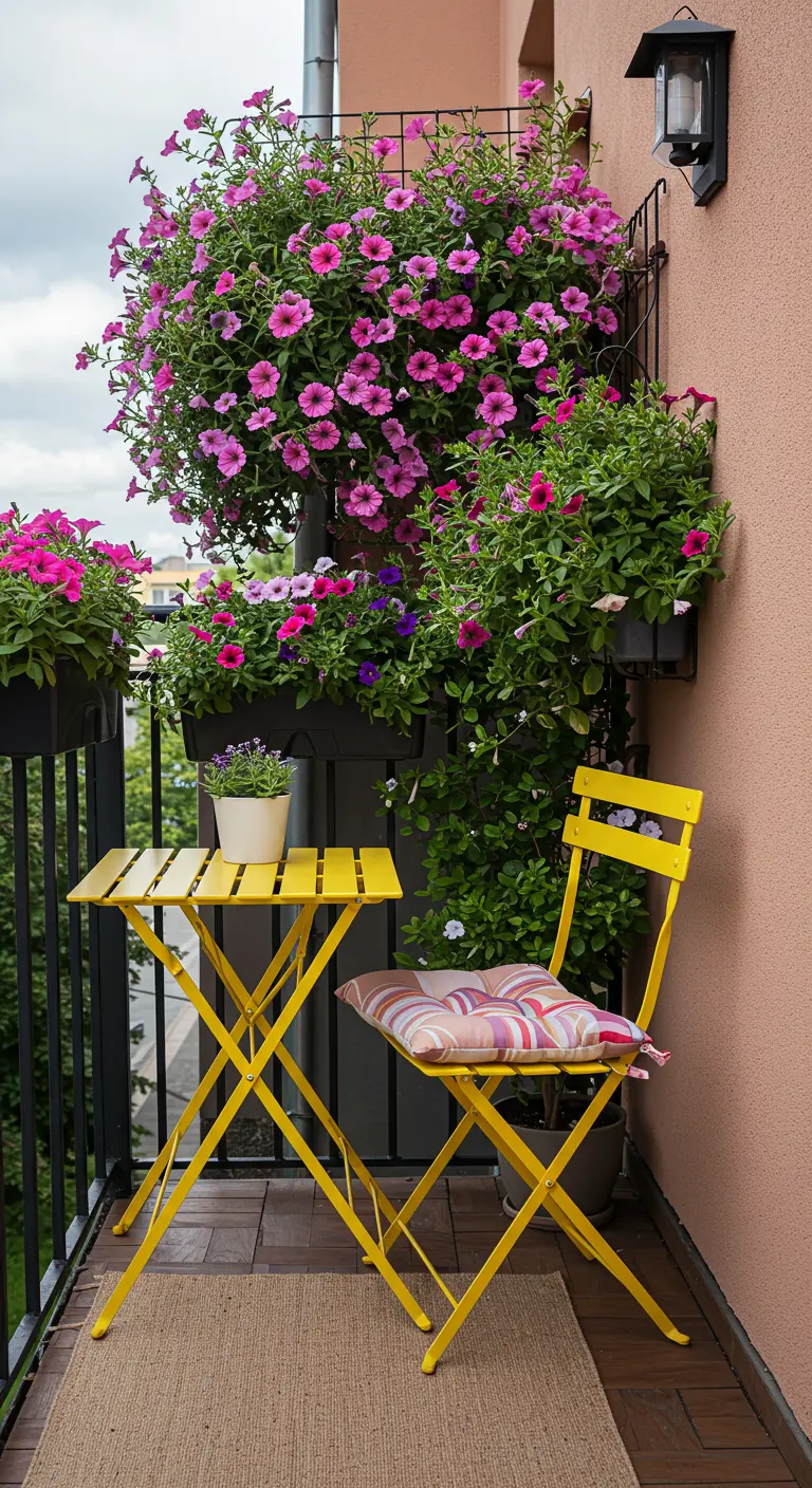 Balcon fleuri avec pétunias roses en cascade, mobilier bistrot jaune et petite touche de tapis.