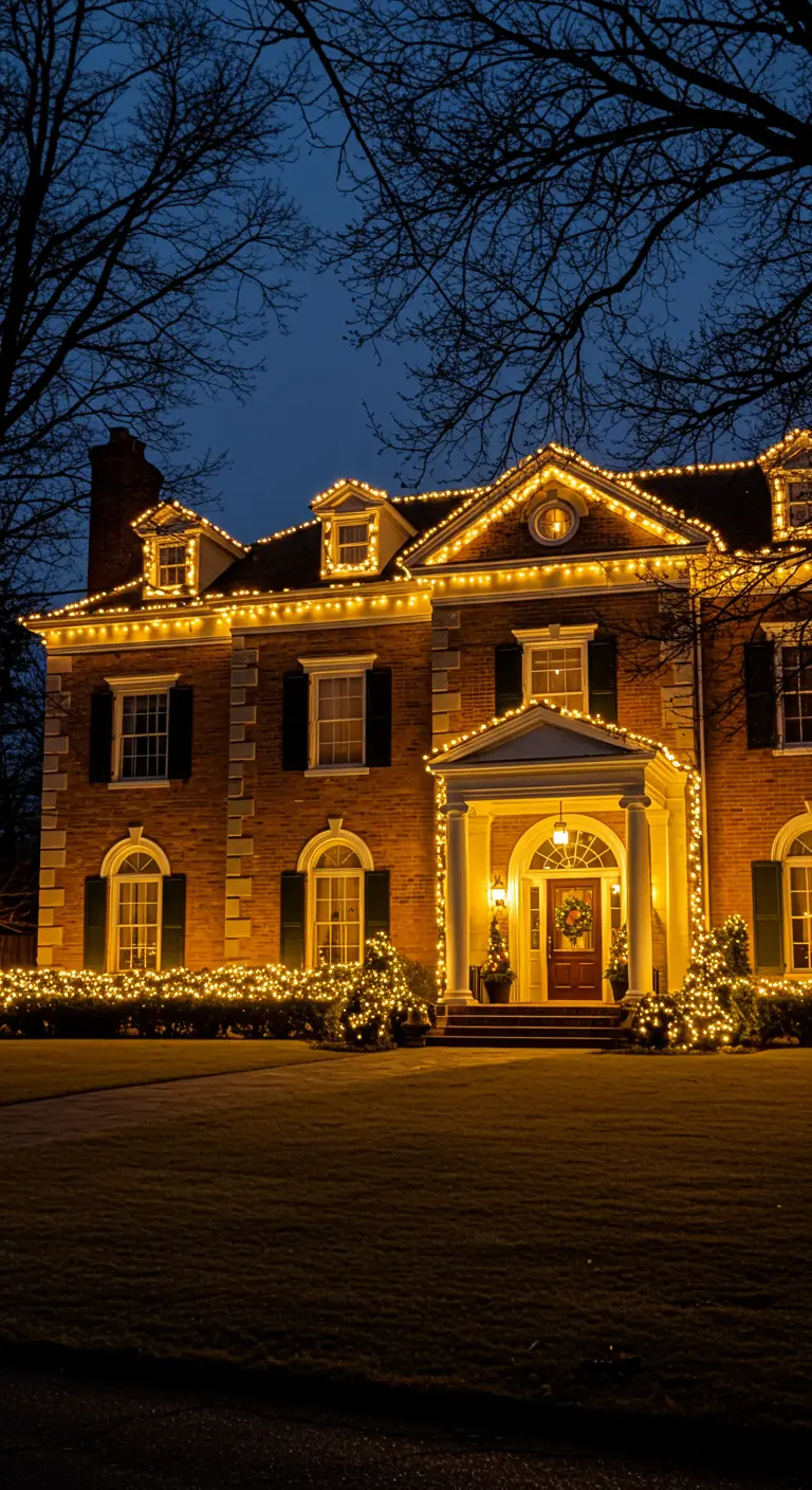 Grande maison en briques avec guirlandes lumineuses sur les contours, le porche et les arbustes, créant un éclairage festif.