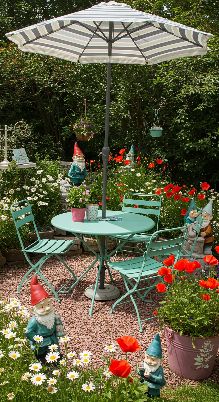 Jardin fantaisiste avec ensemble bistro vert menthe, parasol, coquelicots et nains de jardin.