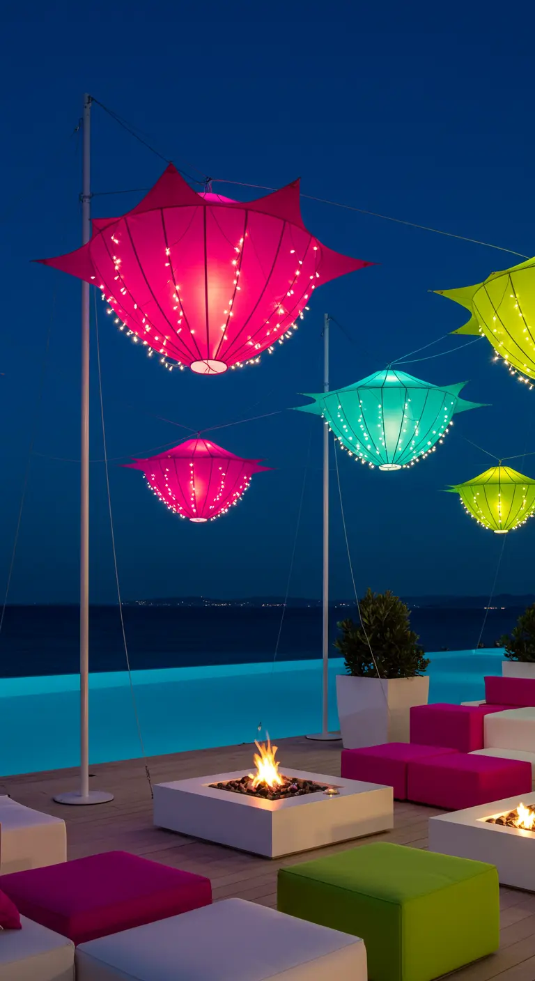 Espace extérieur moderne avec piscine, lanternes colorées avec LED et mobilier pop.
