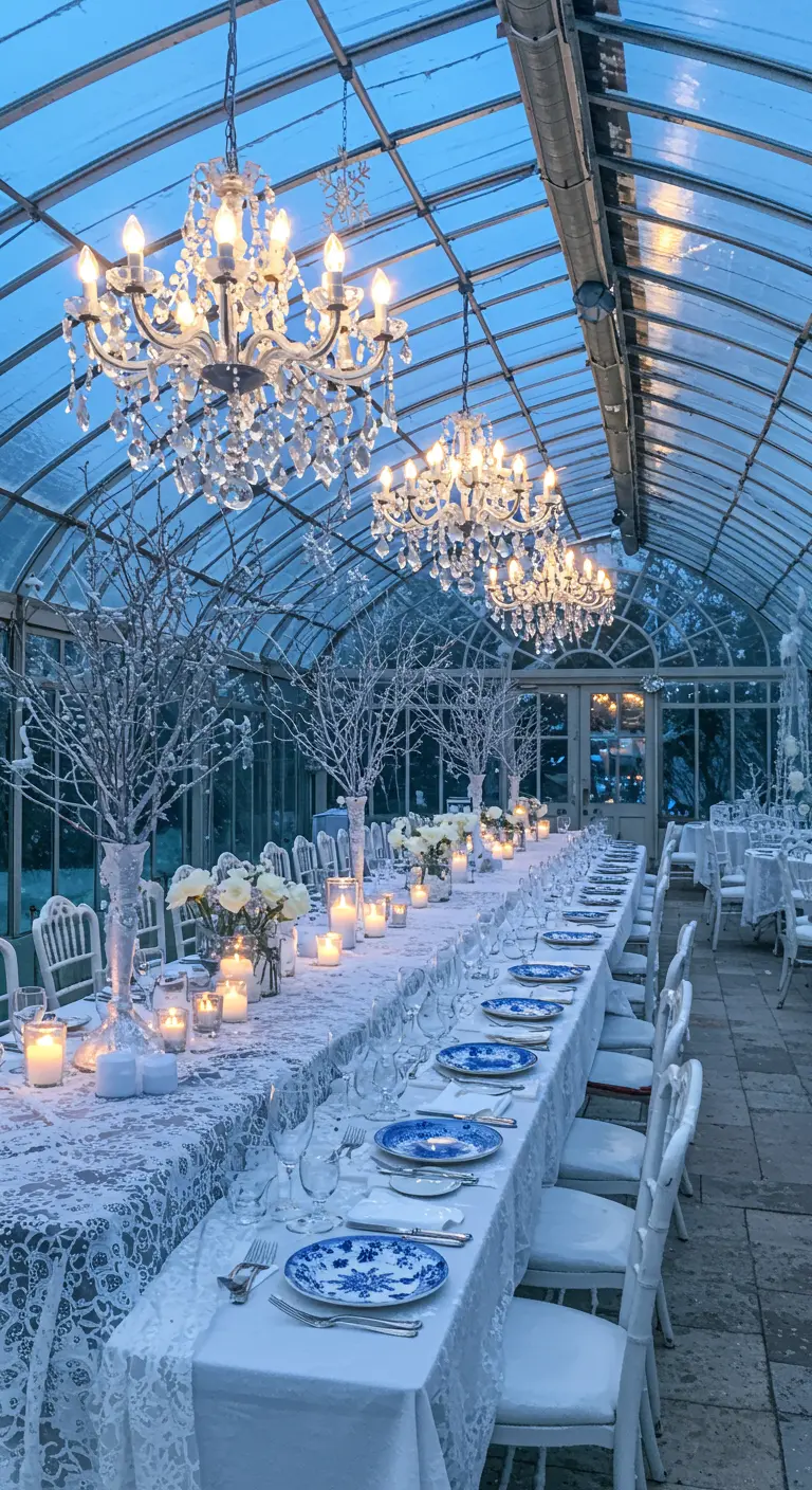 Véranda décorée pour l'hiver avec tables en dentelle, branches blanches, lustres, bougies.