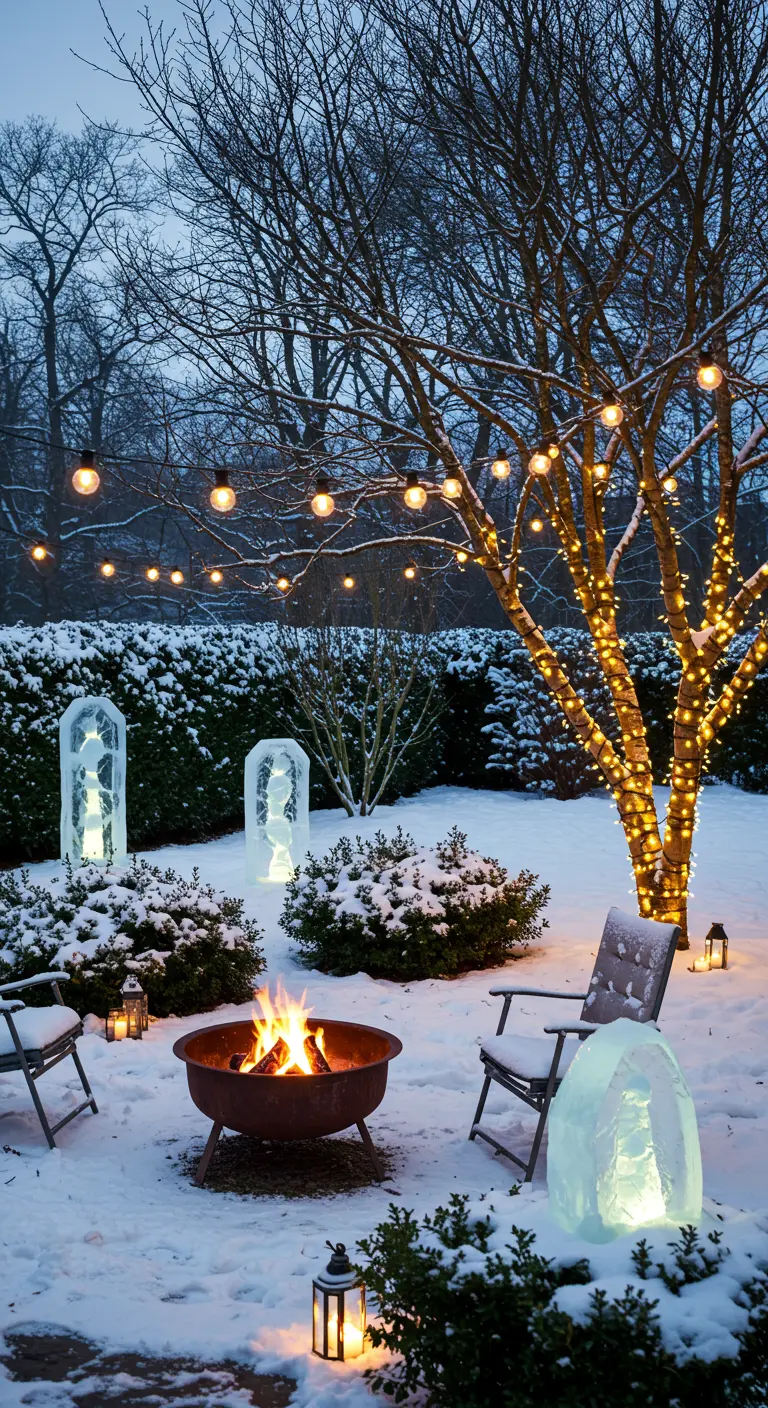 Jardin enneigé avec arbre illuminé par des guirlandes, foyer et sculptures de glace lumineuses.