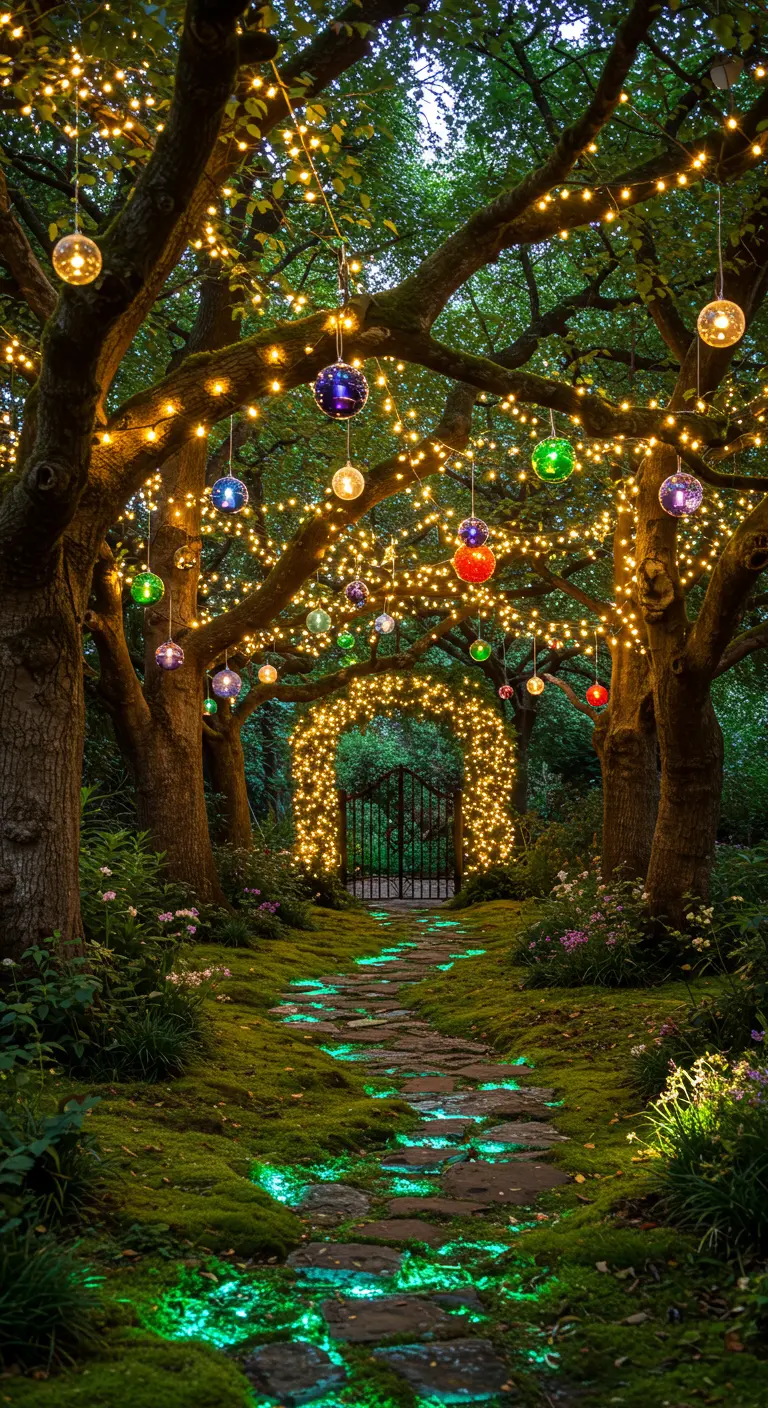 Forêt enchantée avec guirlandes lumineuses et boules de verre colorées suspendues, et chemin de mousse éclairé.
