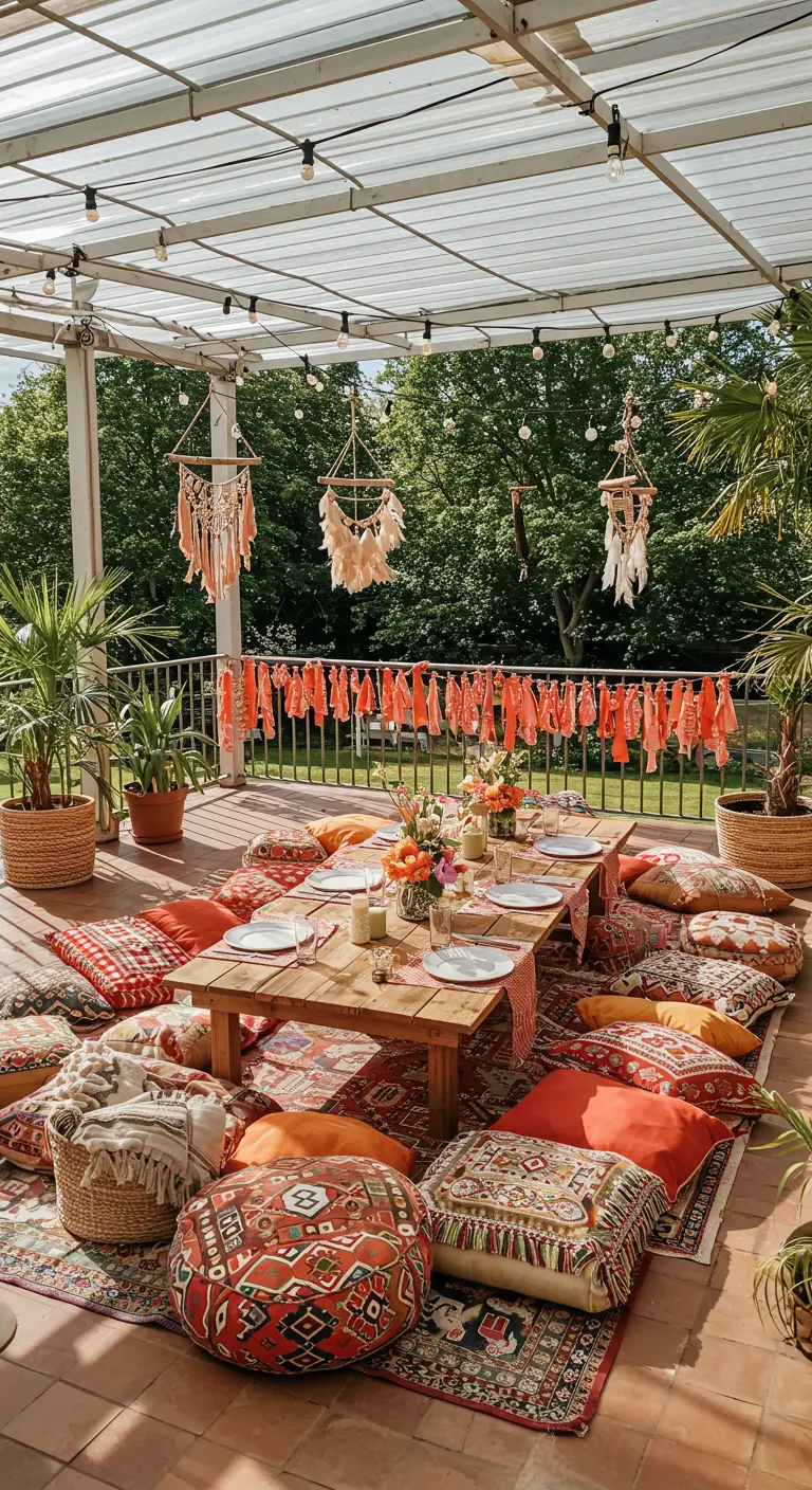 Repas bohème en plein air avec table basse, coussins de sol, macramés et guirlandes.
