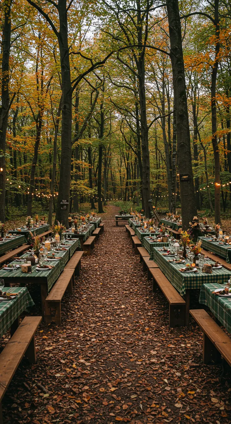 Longues tables dressées dans une forêt aux couleurs d'automne, avec nappes vertes à carreaux.