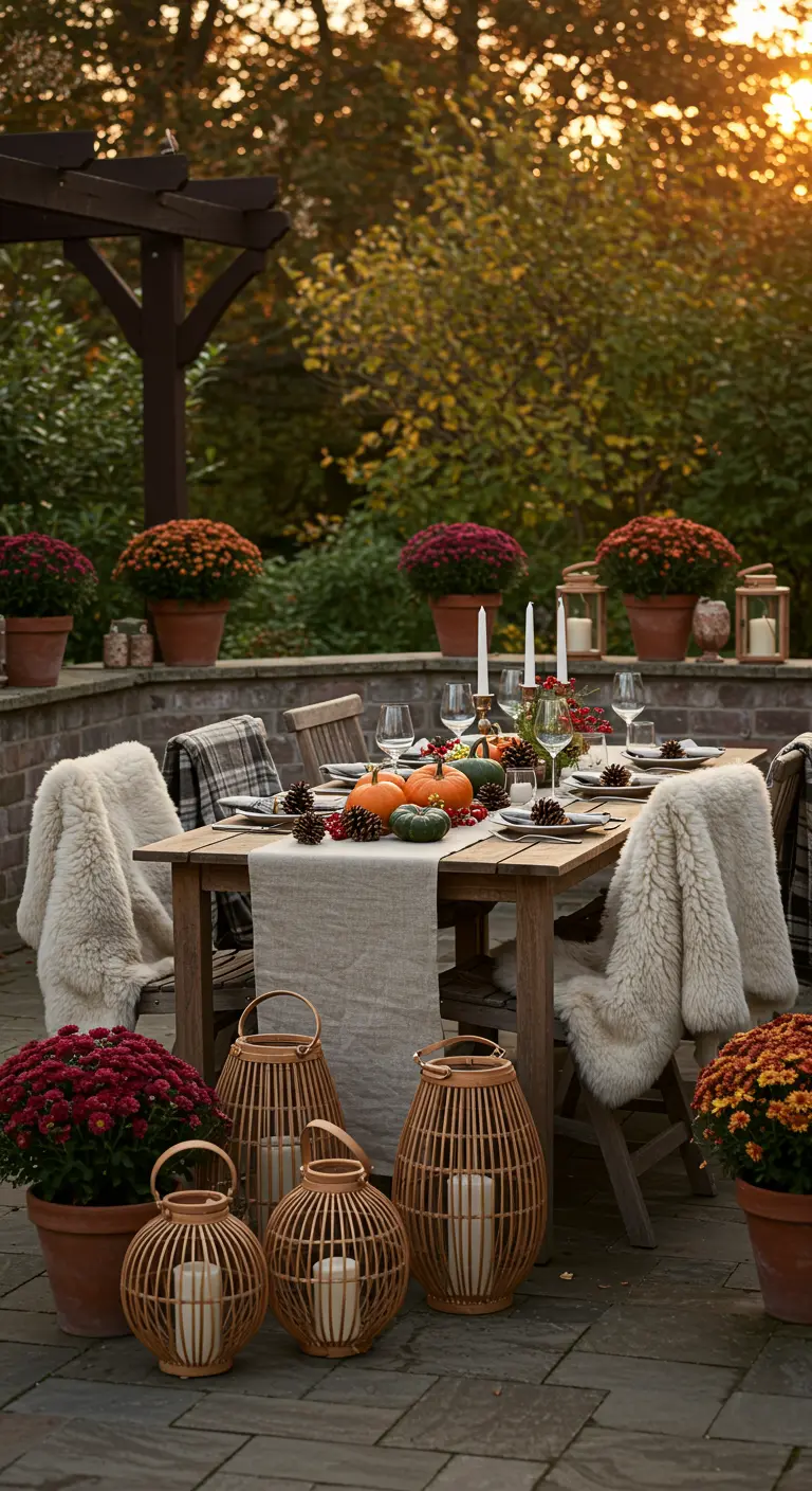 Table de salle à manger extérieure avec décorations d'automne, plaids en fourrure, chrysanthèmes et lanternes.