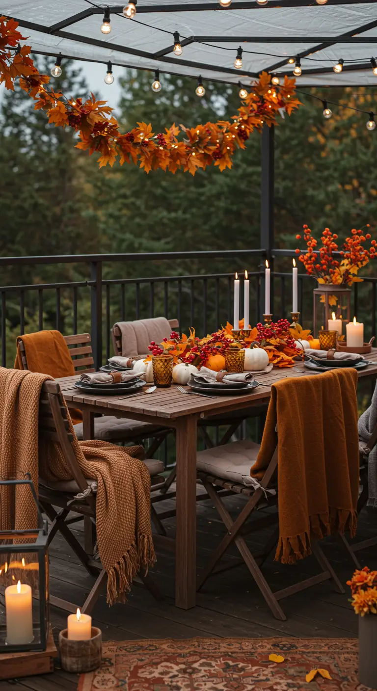 Table d'extérieur décorée pour l'automne avec citrouilles, baies, bougies et plaids confortables.