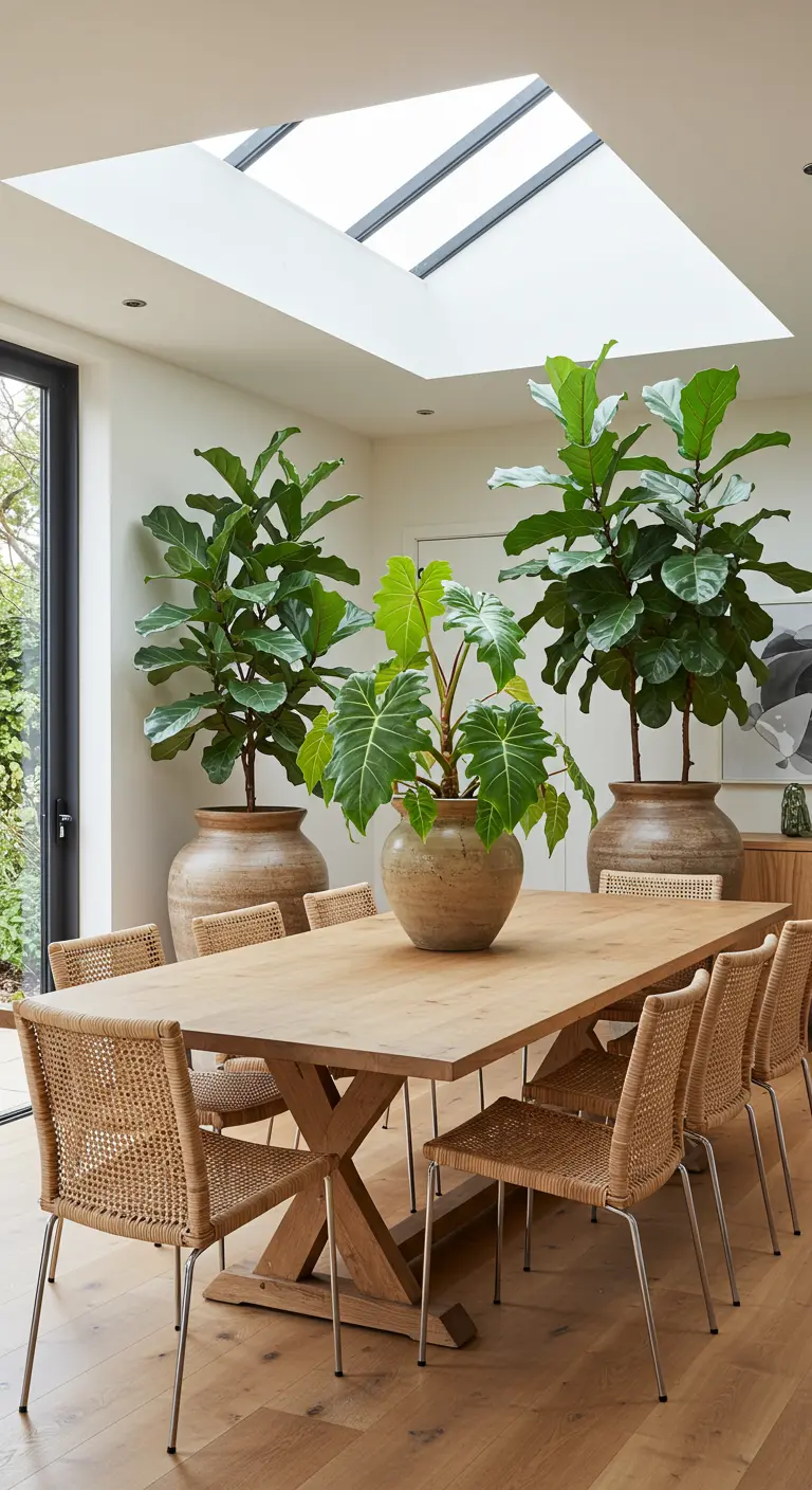 Figuiers lyre et Alocasia en pots près d'une table à manger en bois.
