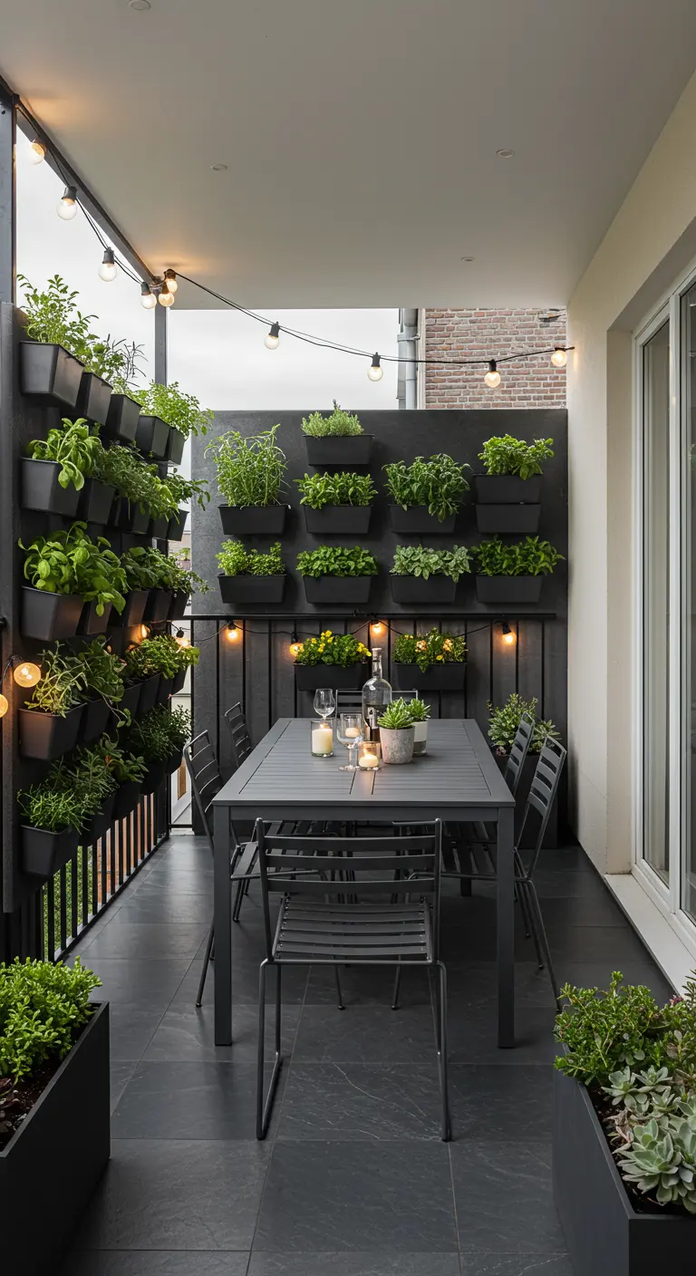 Grand balcon avec mur végétal étendu, table à manger, chaises et guirlande lumineuse.