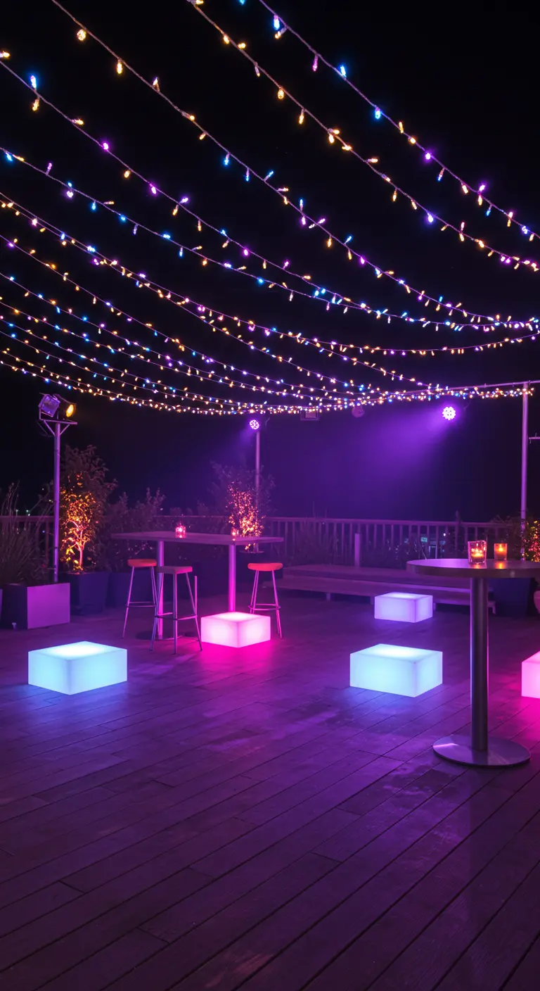 Terrasse de fête avec des guirlandes lumineuses multicolores et des sièges lumineux.