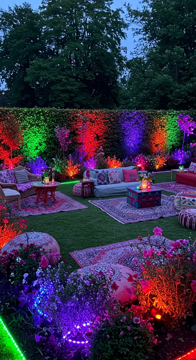 Salon extérieur bohème avec projecteurs LED colorés illuminant les haies et plantes.