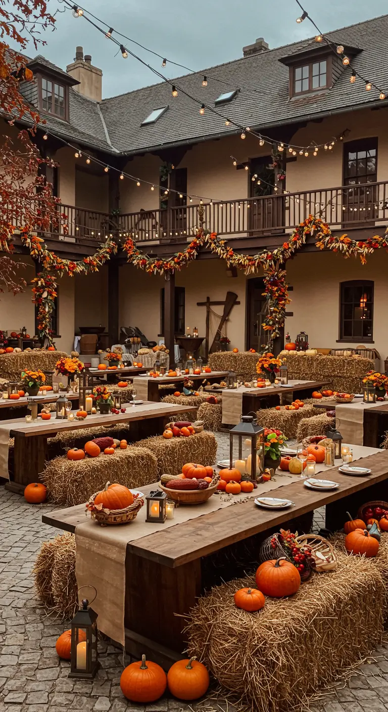 Cour décorée pour une fête d'automne avec longues tables, citrouilles et bottes de foin.