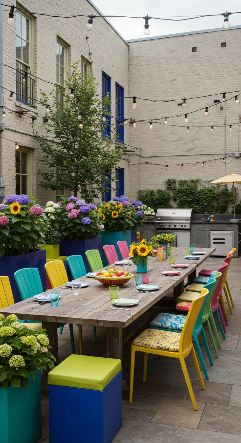 Grande table en bois avec chaises multicolores, hortensias, tournesols et barbecue extérieur.