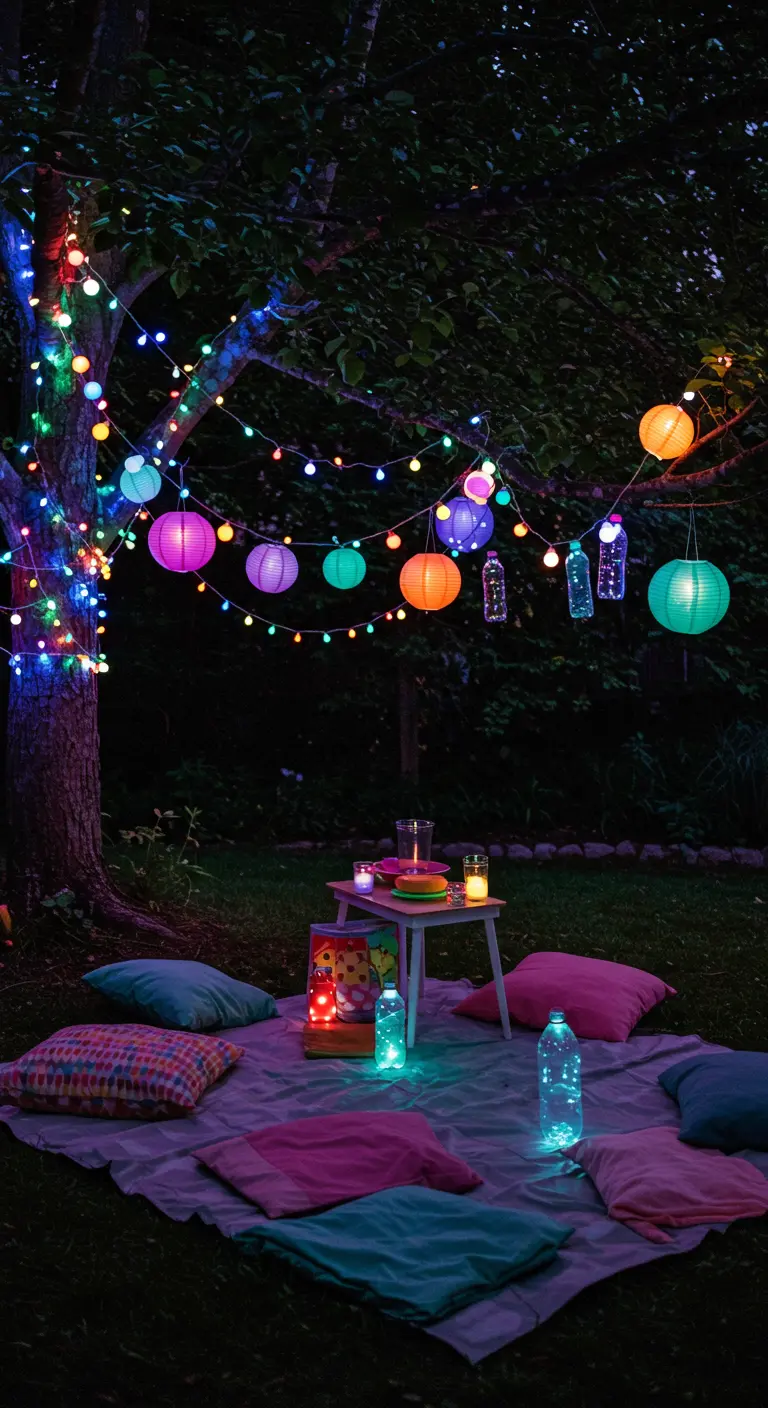 Pique-nique de jardin festif avec guirlandes et lampions colorés, bouteilles lumineuses.