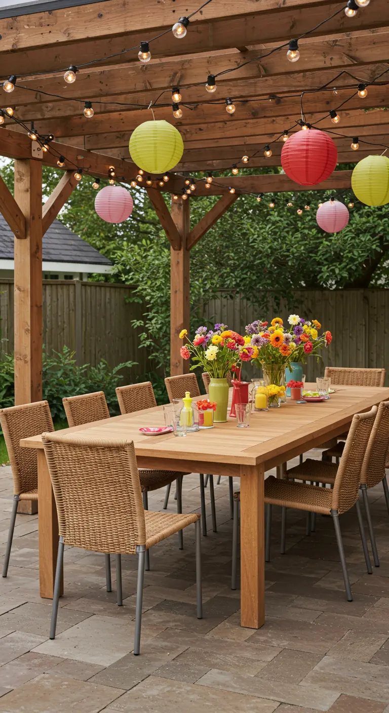 Grande table en teck, chaises en rotin tressé, lampions colorés et guirlandes sous une pergola.