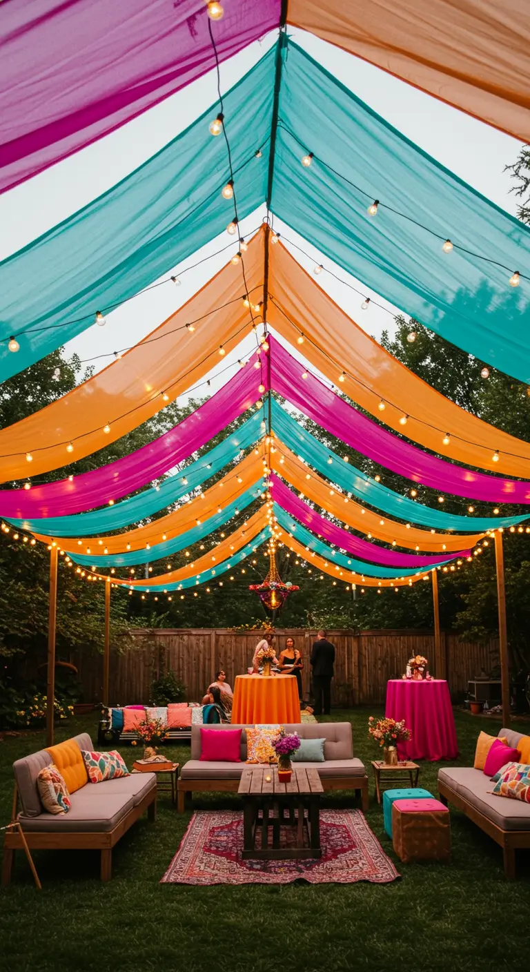 Fête de jardin avec draps colorés et guirlandes lumineuses suspendues au-dessus d'un salon extérieur.