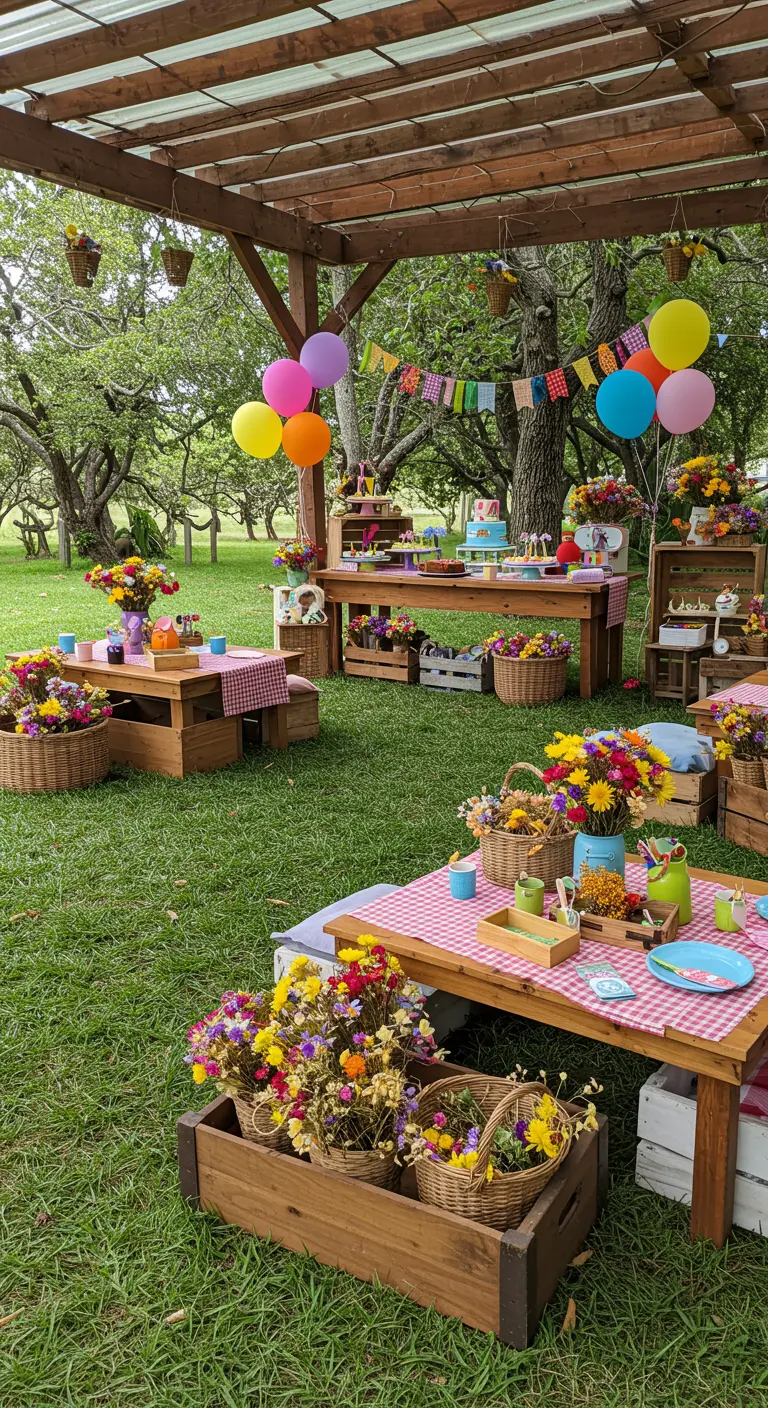 Fête d'anniversaire enfantine avec tables colorées, ballons et paniers de fleurs dans un jardin.