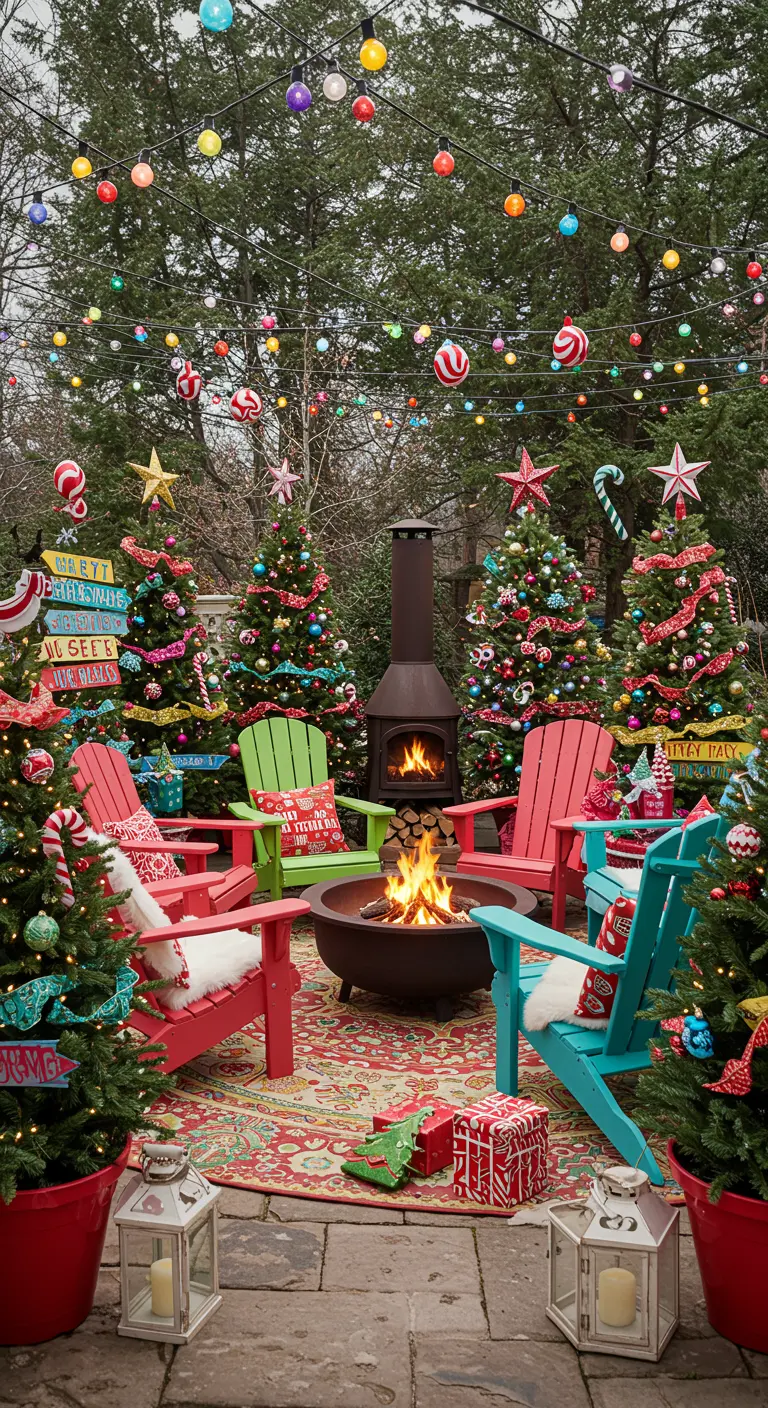 Jardin coloré pour Noël avec sapins décorés, chaises Adirondack, brasero et guirlandes multicolores.