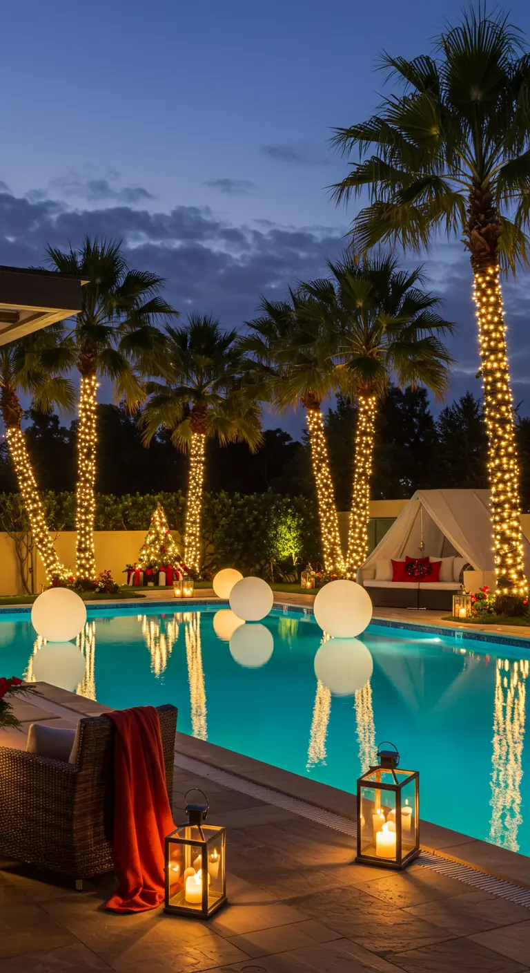 Piscine extérieure la nuit avec palmiers illuminés, boules lumineuses flottantes et ambiance festive.