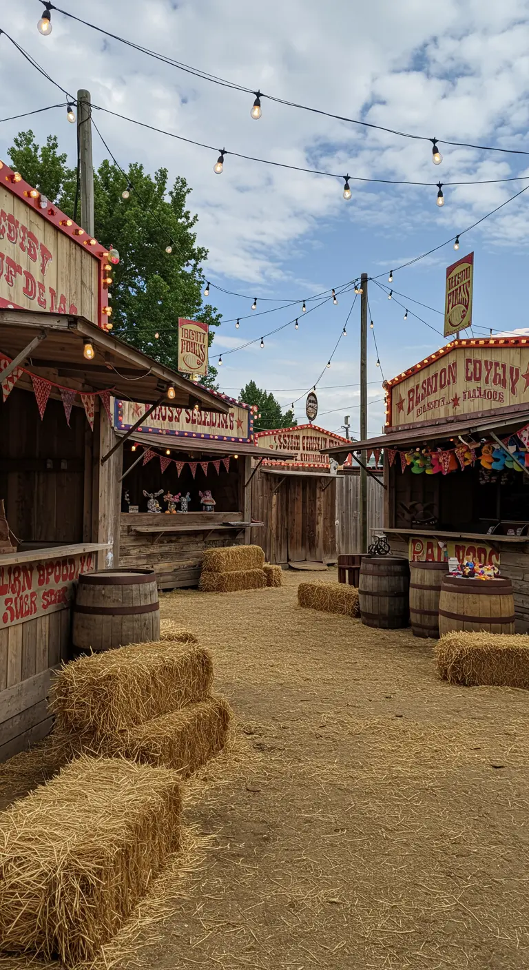 Rue de foire western avec stands en bois, bottes de foin, tonneaux, guirlandes et fanions.