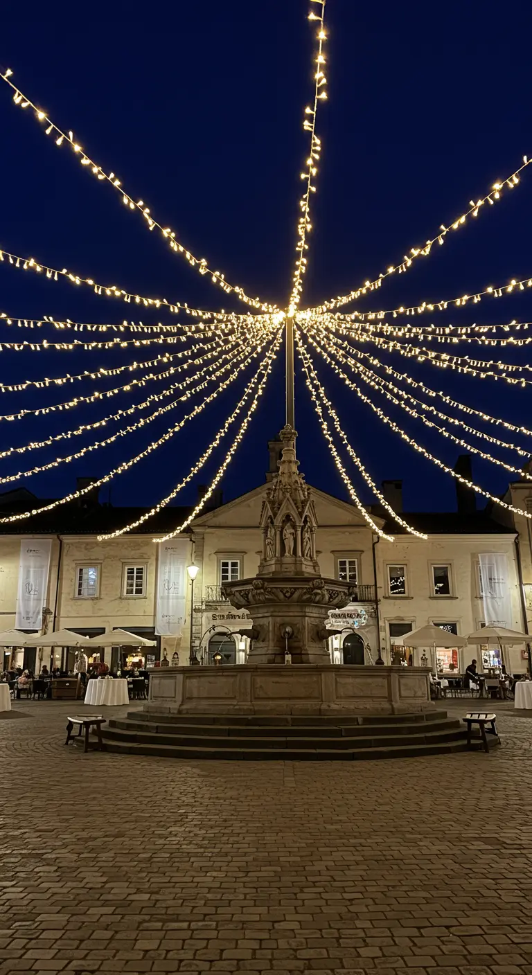 Place publique avec une fontaine centrale, illuminée par de nombreuses guirlandes lumineuses suspendues en étoile au-dessus.