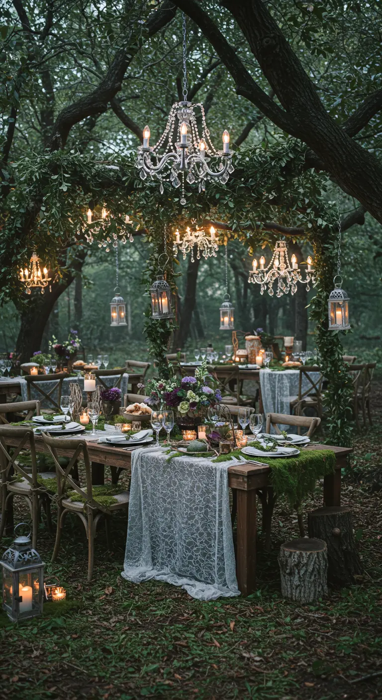 Dîner dans une forêt avec tables en bois, dentelle, mousse, lanternes et lustres suspendus.