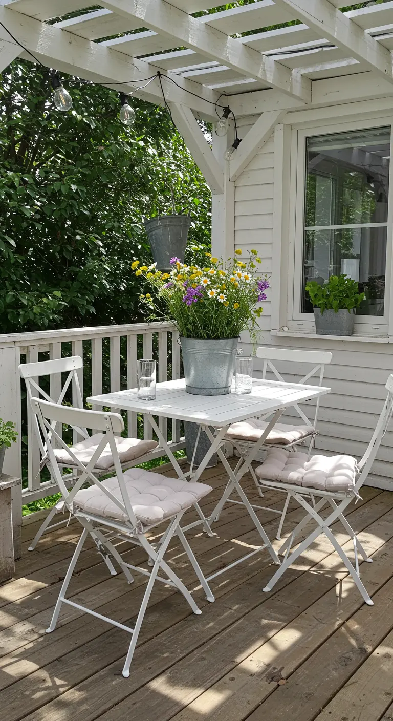 Terrasse en bois avec mobilier pliant blanc, seau de fleurs sauvages et guirlandes lumineuses.