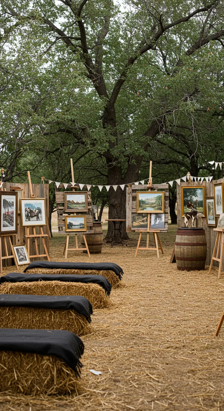 Exposition d'art en plein air avec tableaux sur chevalets, bottes de foin noires, tonneaux et guirlandes blanches.