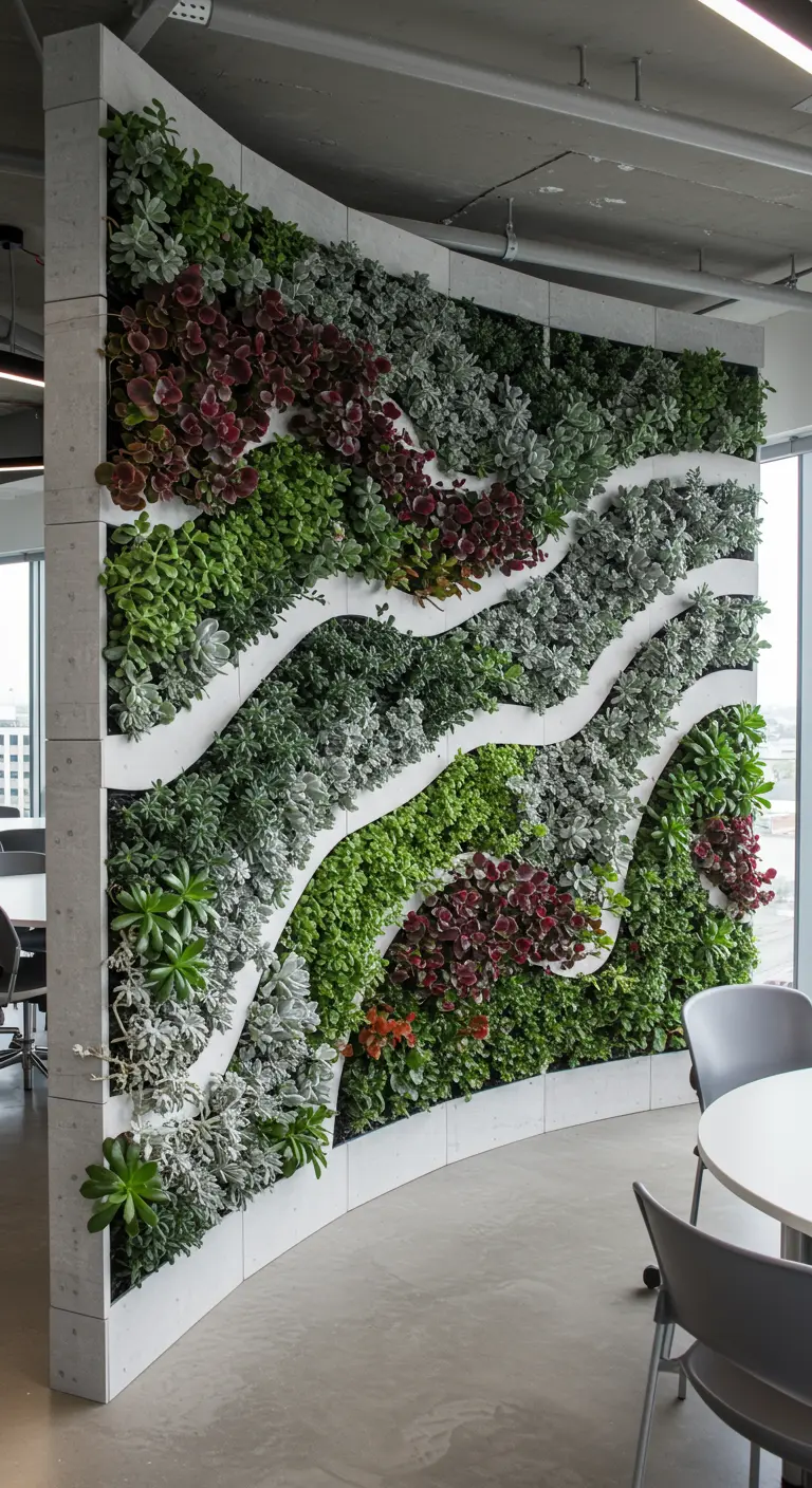 Mur végétal intérieur ondulé avec une variété de plantes succulentes et de feuillages colorés.