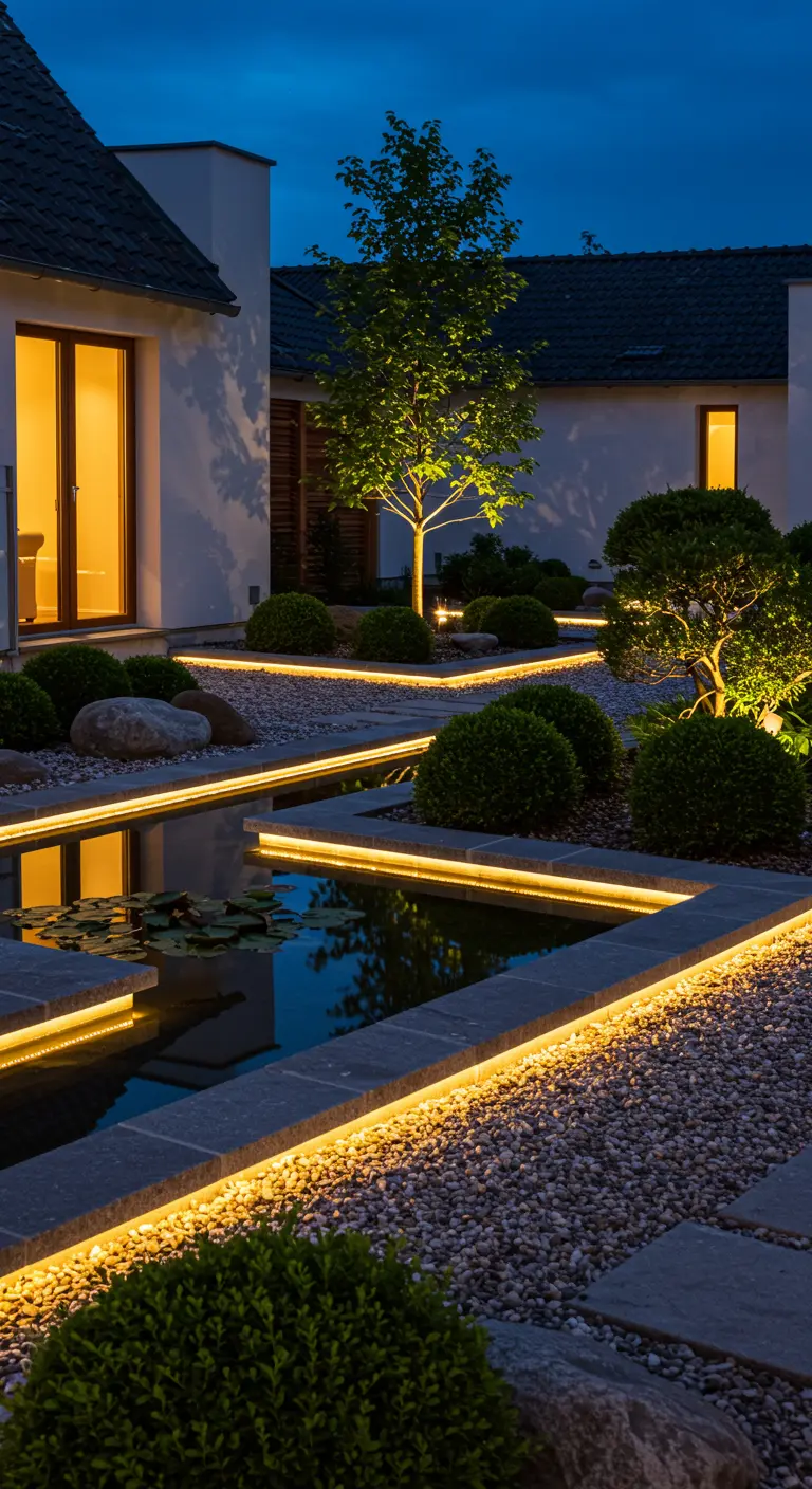 Jardin moderne avec étang, motifs géométriques et rubans LED illuminant les bordures.