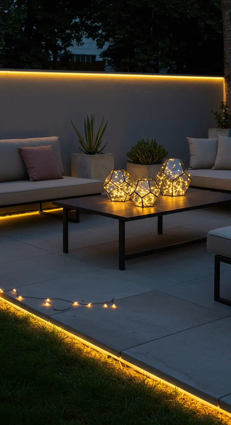 Salon de jardin moderne avec bandes LED murales et au sol, lanternes géométriques lumineuses sur table.