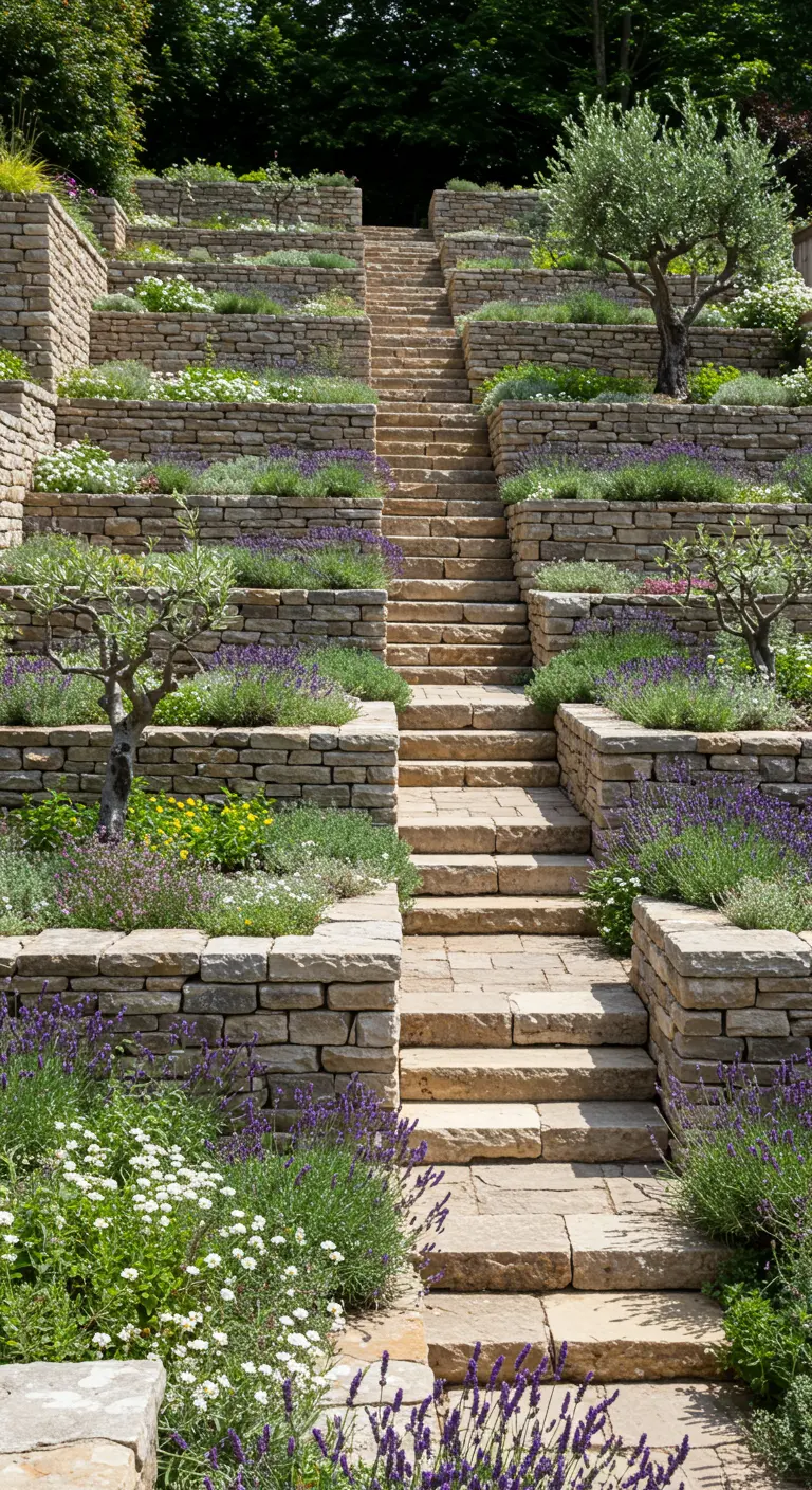 Grand escalier en pierre flanqué de massifs de lavande, d'oliviers et de fleurs blanches.